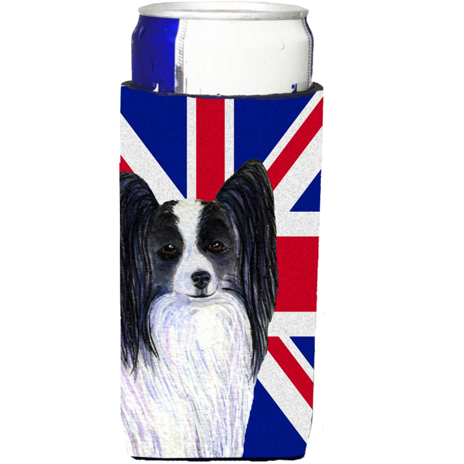 Papillon with English Union Jack British Flag Ultra Beverage Insulators for slim cans SS4947MUK