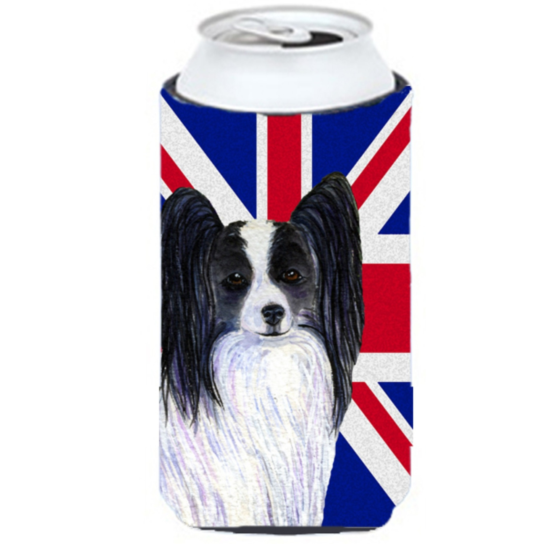 Papillon with English Union Jack British Flag Tall Boy Beverage Insulator Hugger SS4947TBC
