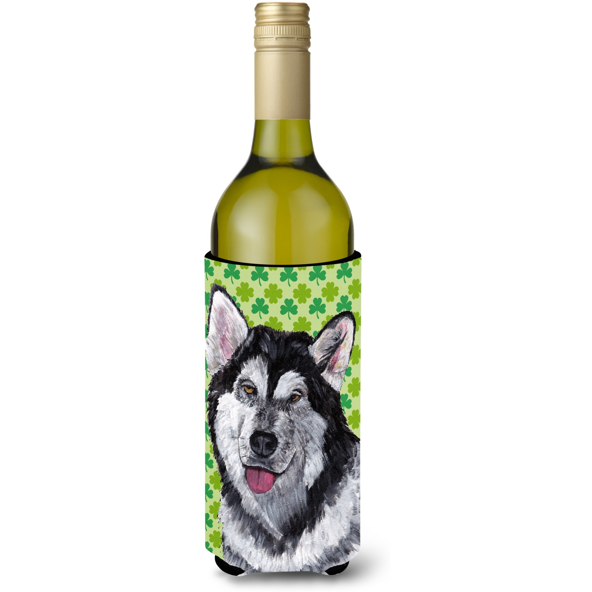 Alaskan Malamute St. Patrick's Day Shamrock Wine Bottle Beverage Insulator Hugger SC9493LITERK