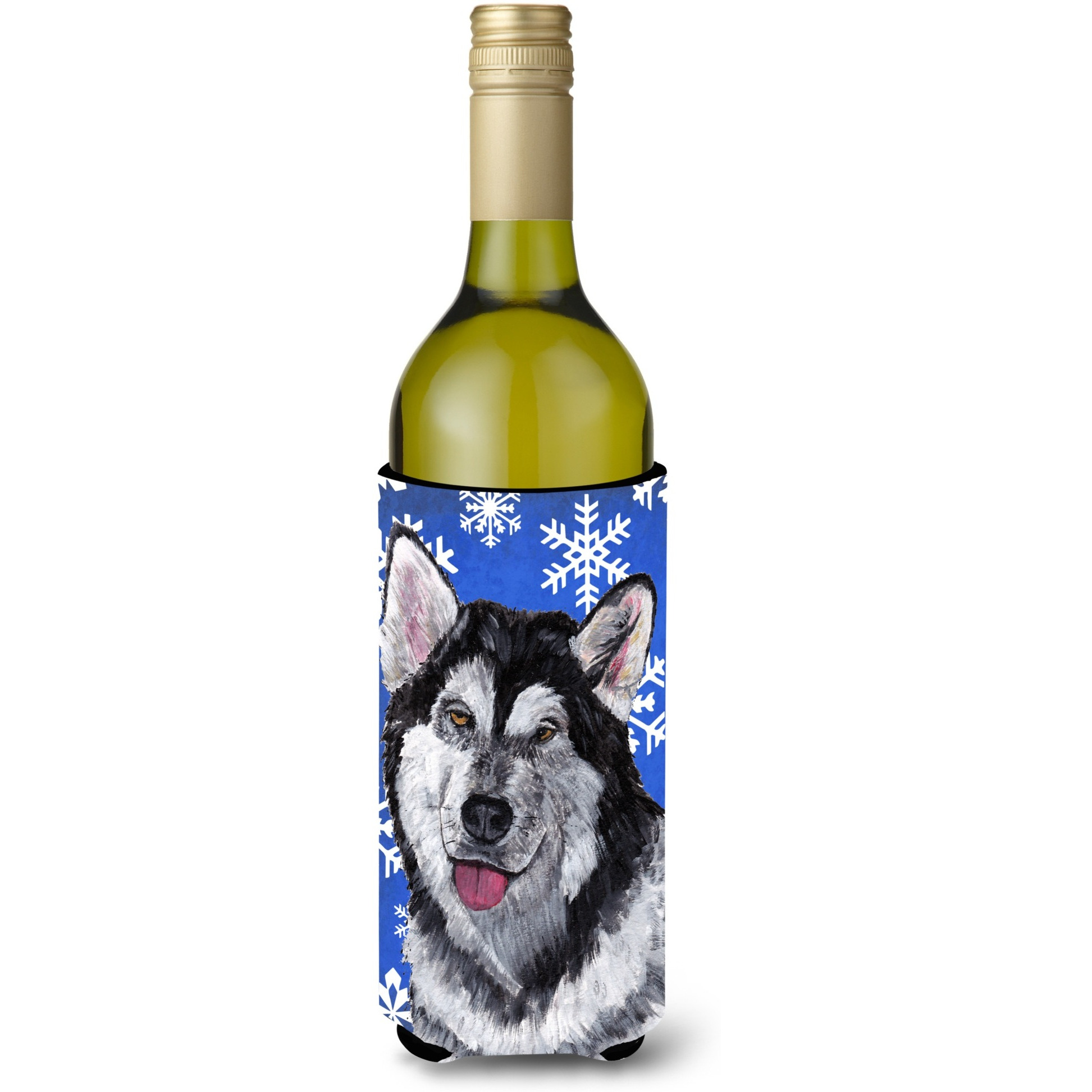 Alaskan Malamute Winter Snowflakes Holiday Wine Bottle Beverage Insulator Hugger SC9491LITERK