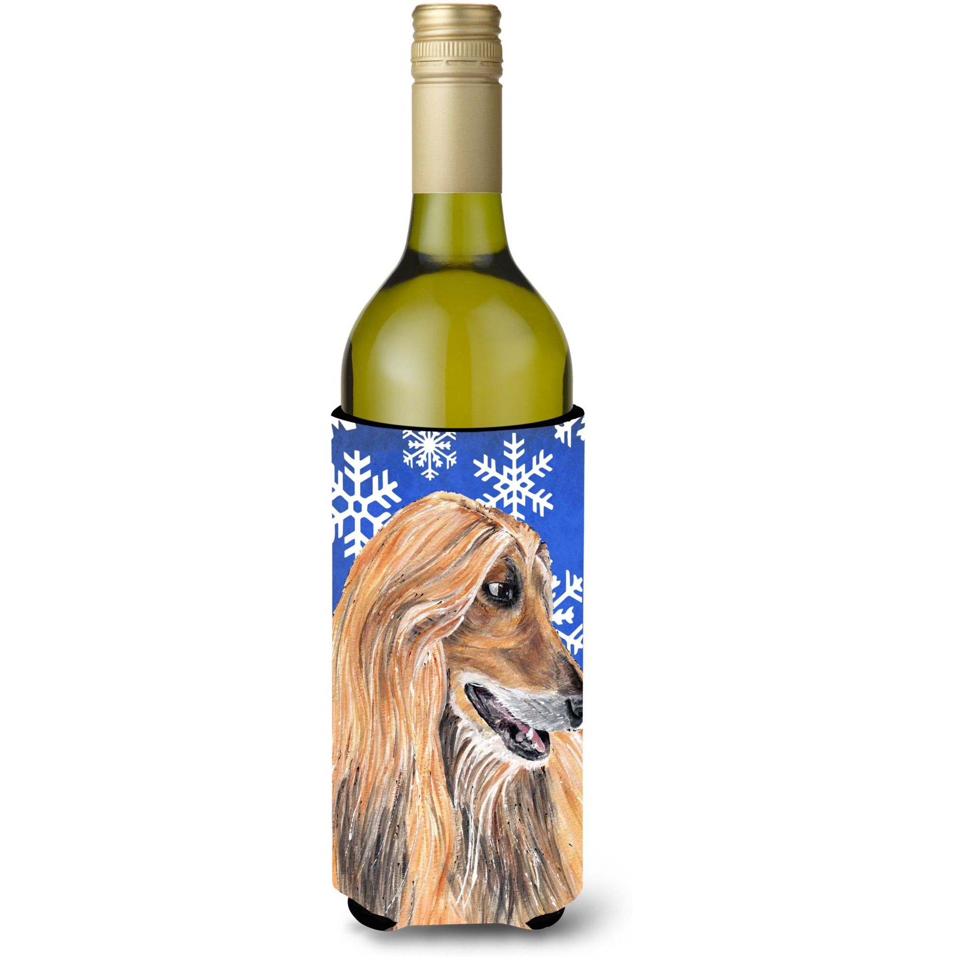 Afghan Hound Winter Snowflakes Holiday Wine Bottle Beverage Insulator Hugger SC9499LITERK