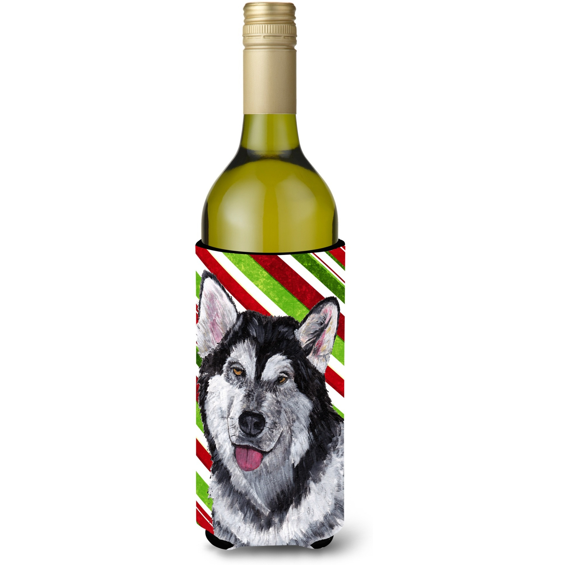 Alaskan Malamute Candy Cane Holiday Christmas Wine Bottle Beverage Insulator Hugger SC9490LITERK
