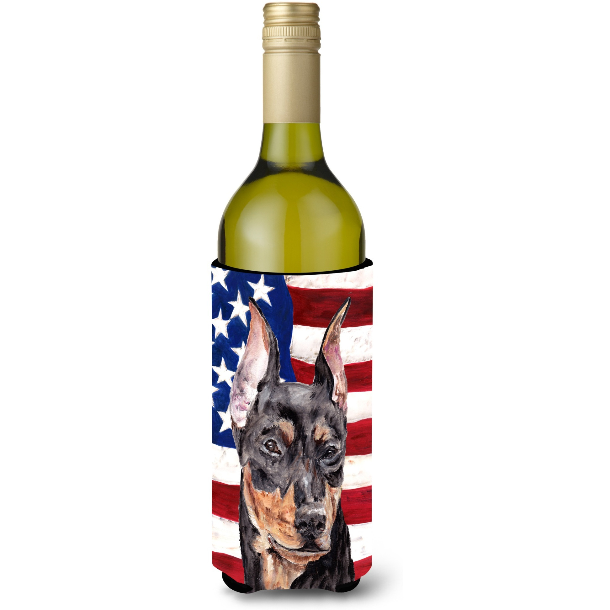 German Pinscher with American Flag USA Wine Bottle Beverage Insulator Hugger SC9644LITERK