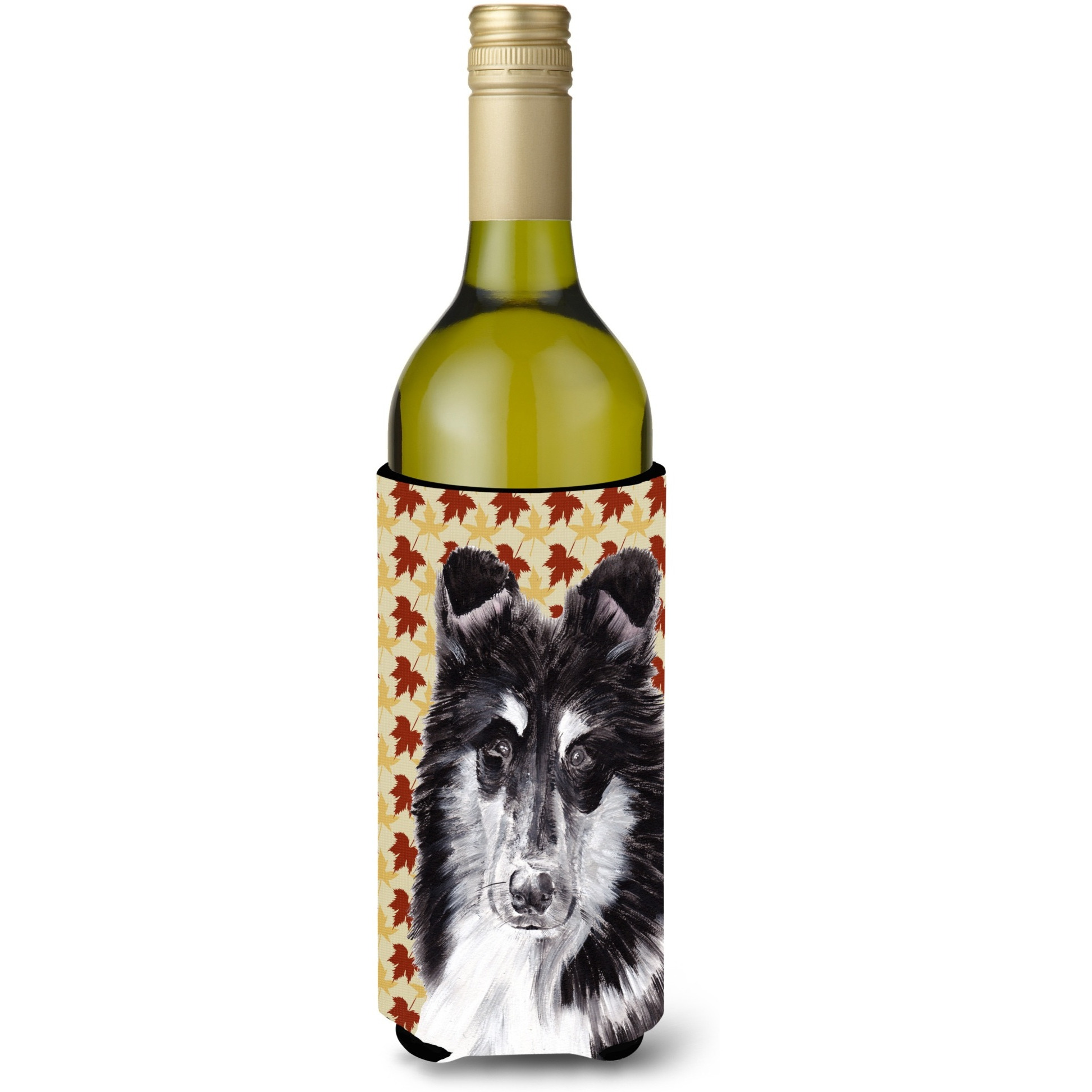 Black and White Collie Fall Leaves Wine Bottle Beverage Insulator Hugger SC9678LITERK