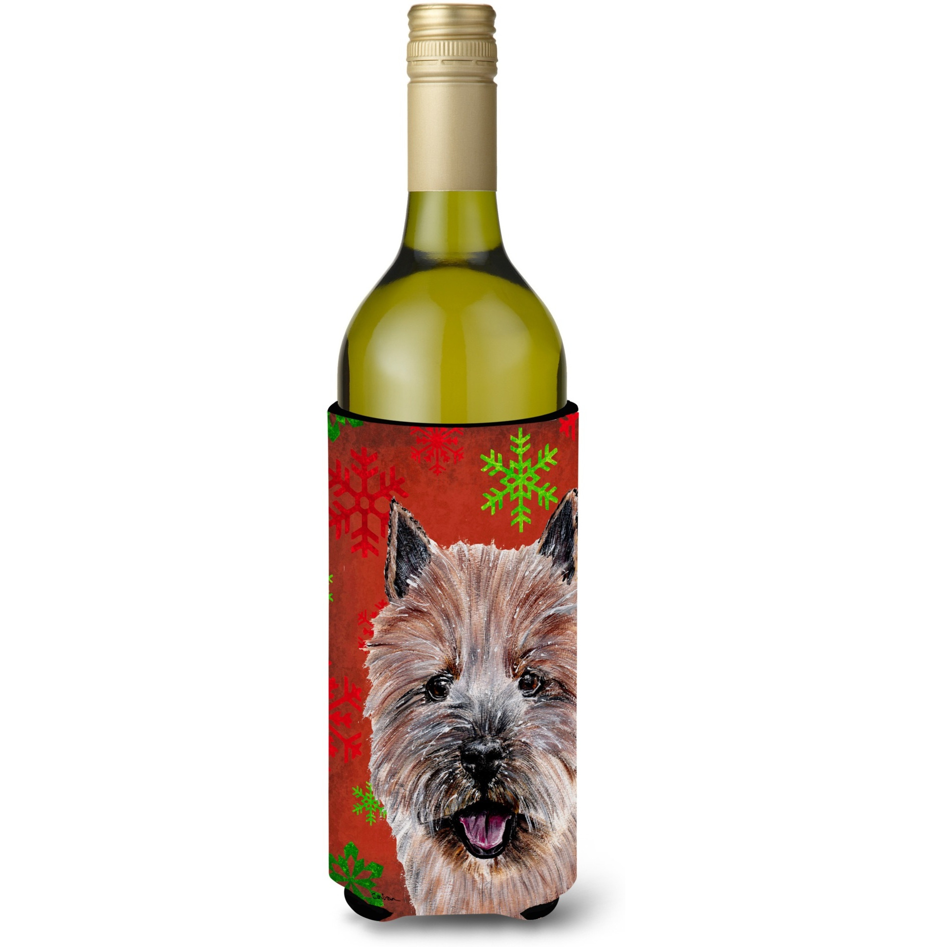 Norwich Terrier Red Snowflakes Holiday Wine Bottle Beverage Insulator Hugger SC9758LITERK