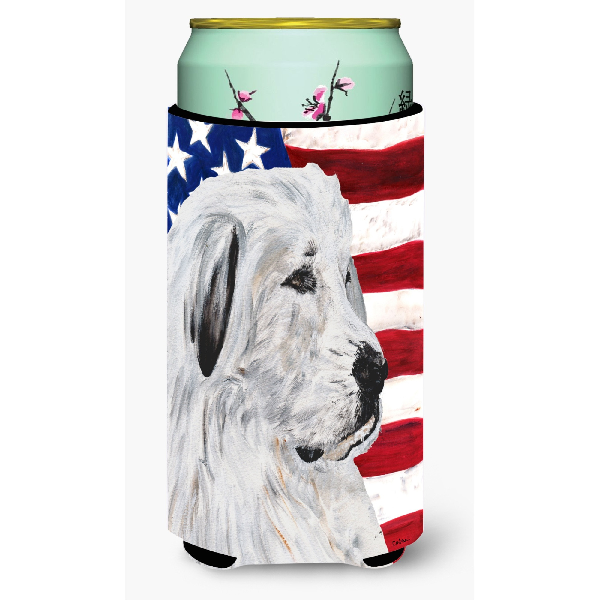 Great Pyrenees with American Flag USA Tall Boy Beverage Insulator Hugger SC9642TBC