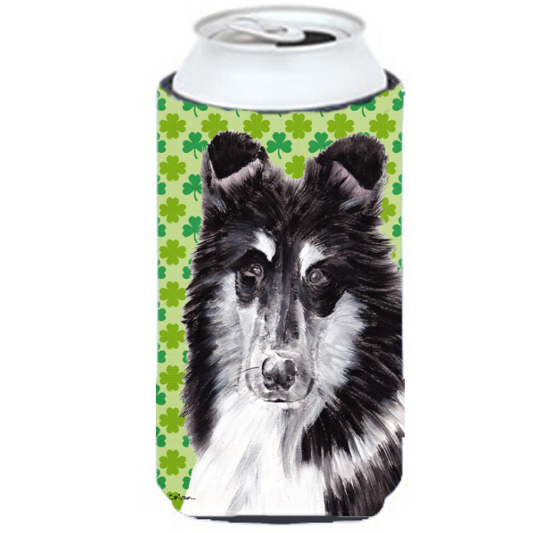 Black and White Collie Lucky Shamrock St. Patrick's Day Tall Boy Beverage Insulator Hugger SC9726TBC