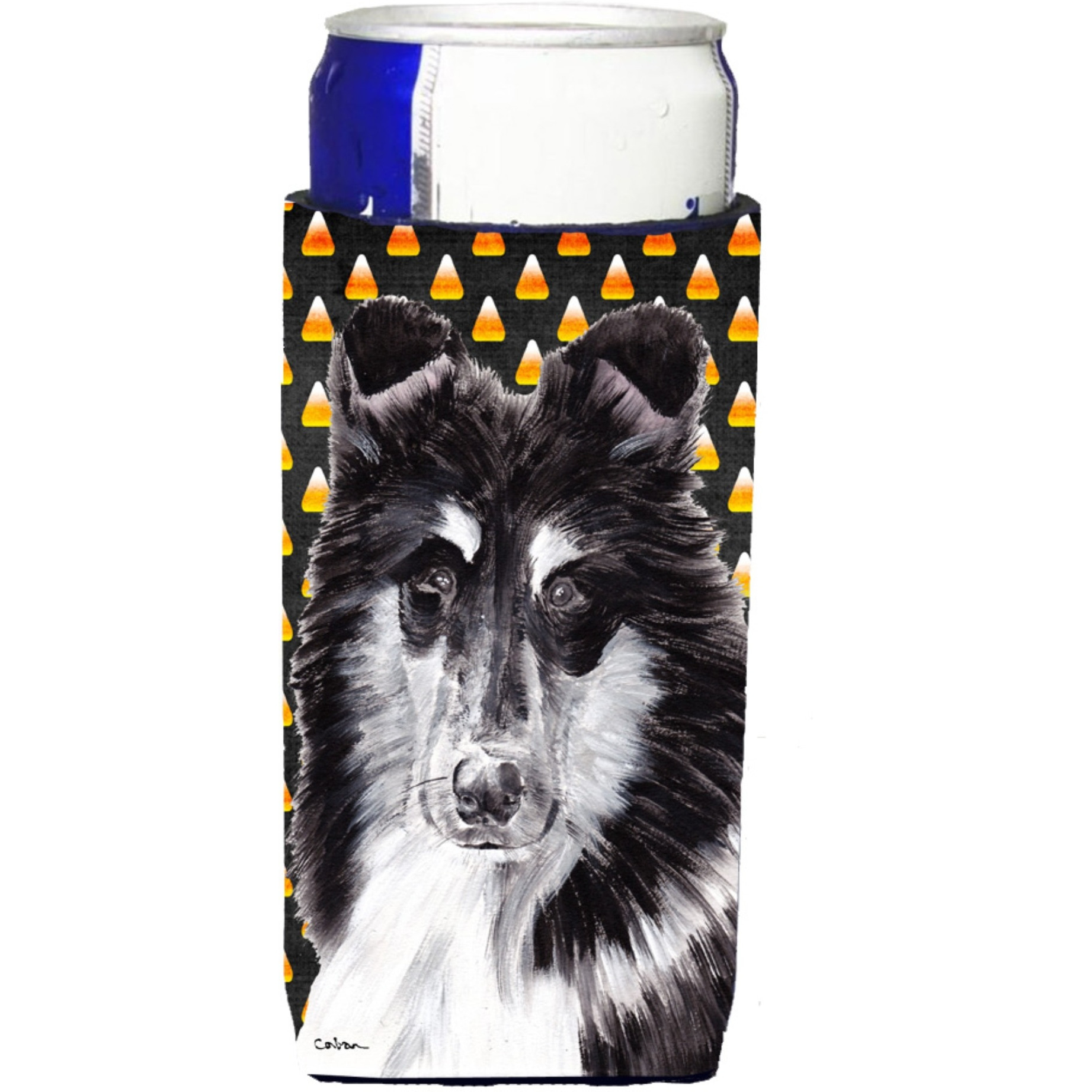 Black and White Collie Candy Corn Halloween Ultra Beverage Insulators for slim cans SC9654MUK