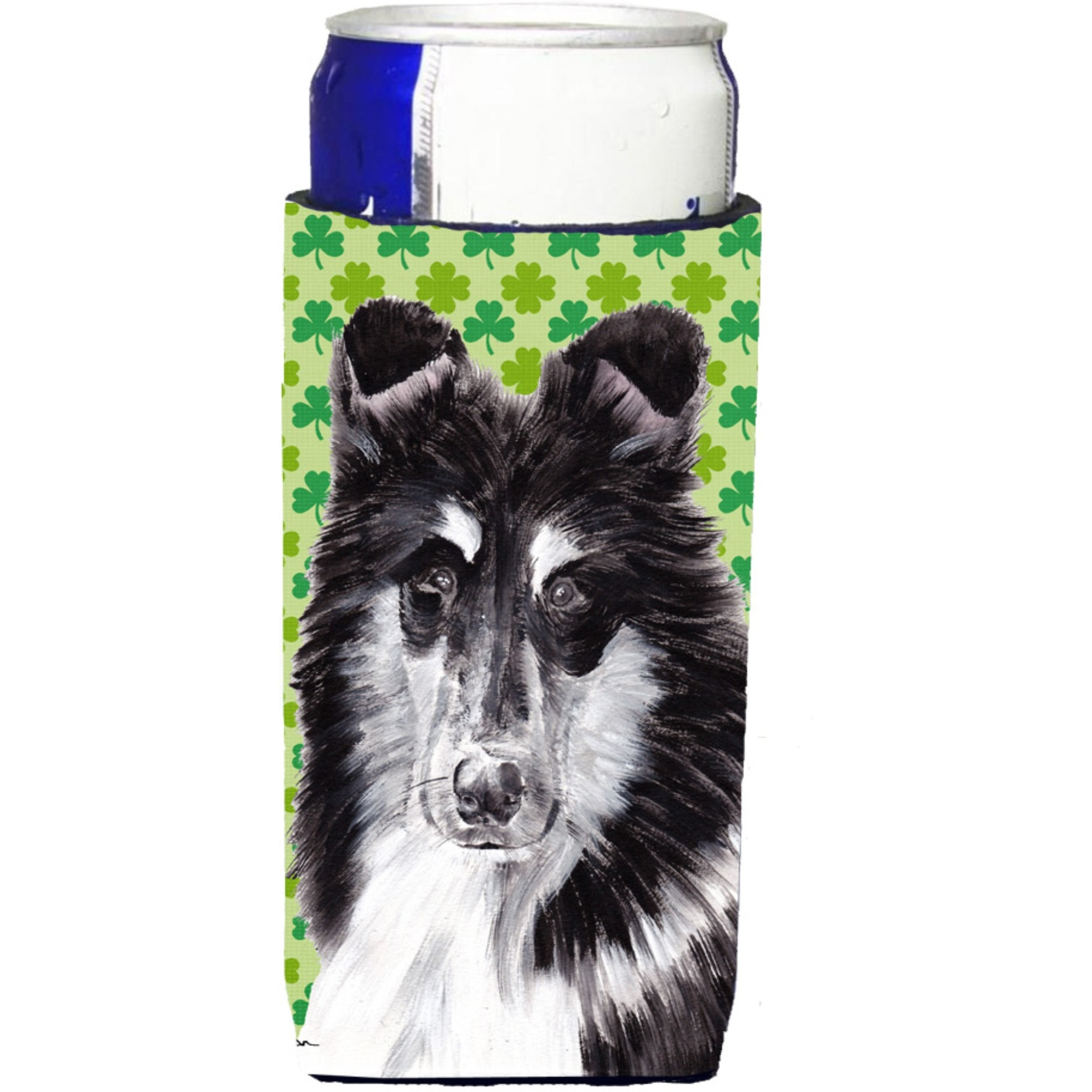 Black and White Collie Lucky Shamrock St. Patrick's Day Ultra Beverage Insulators for slim cans SC9726MUK