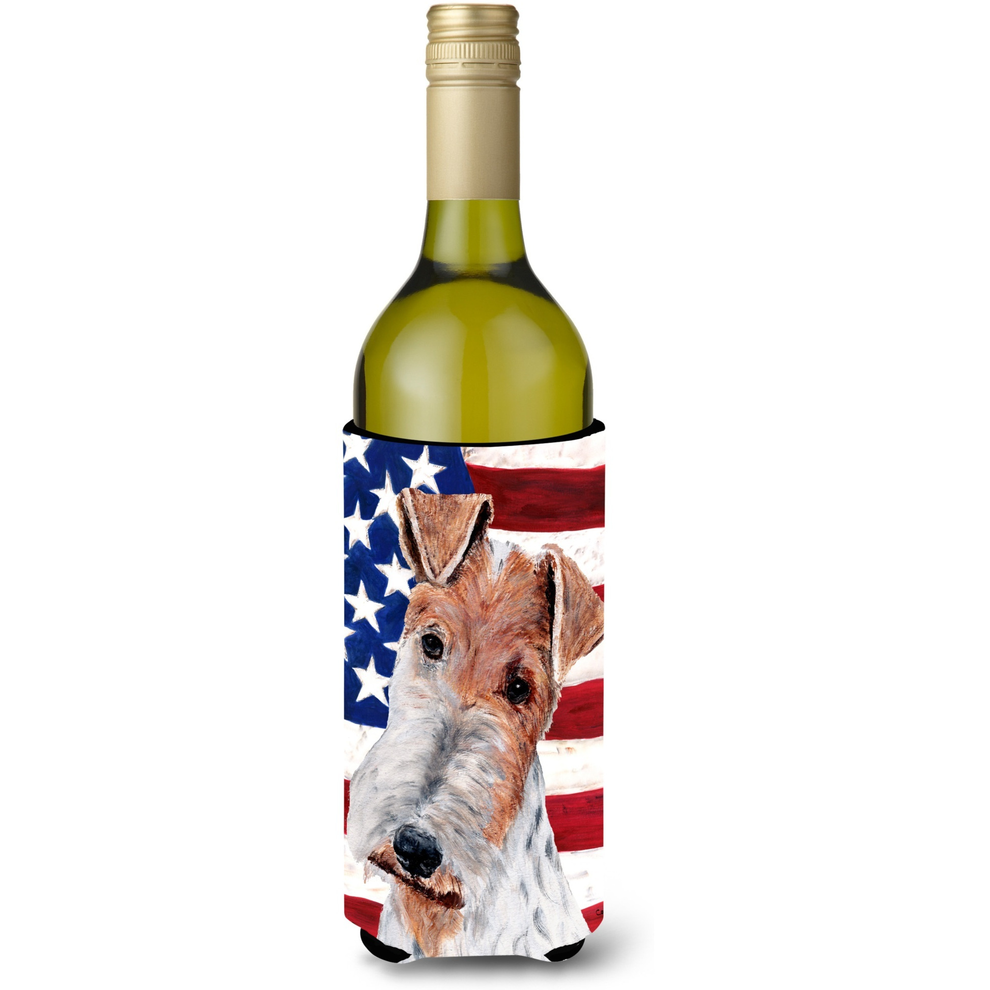 Wire Fox Terrier with American Flag USA Wine Bottle Beverage Insulator Hugger SC9628LITERK