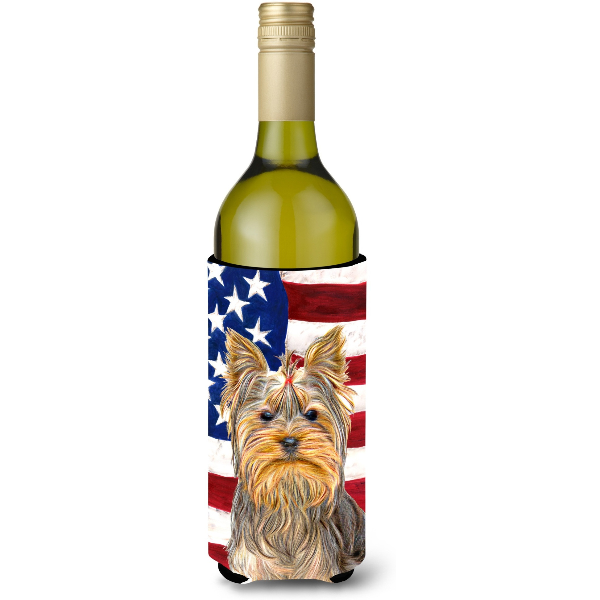USA American Flag with Yorkie / Yorkshire Terrier Wine Bottle Beverage Insulator Hugger KJ1156LITERK