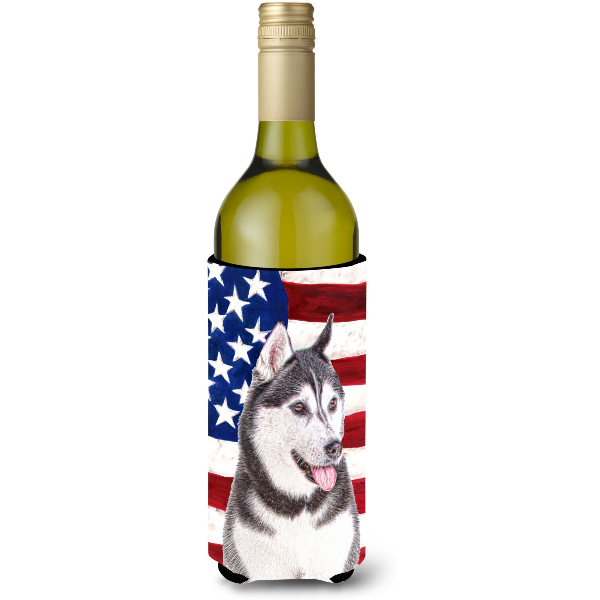 USA American Flag with Alaskan Malamute Wine Bottle Beverage Insulator Hugger KJ1154LITERK