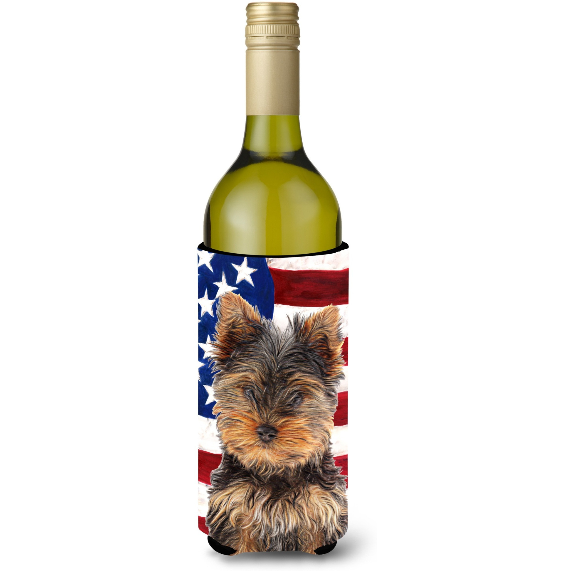 USA American Flag with Yorkie Puppy / Yorkshire Terrier Wine Bottle Beverage Insulator Hugger KJ1160LITERK