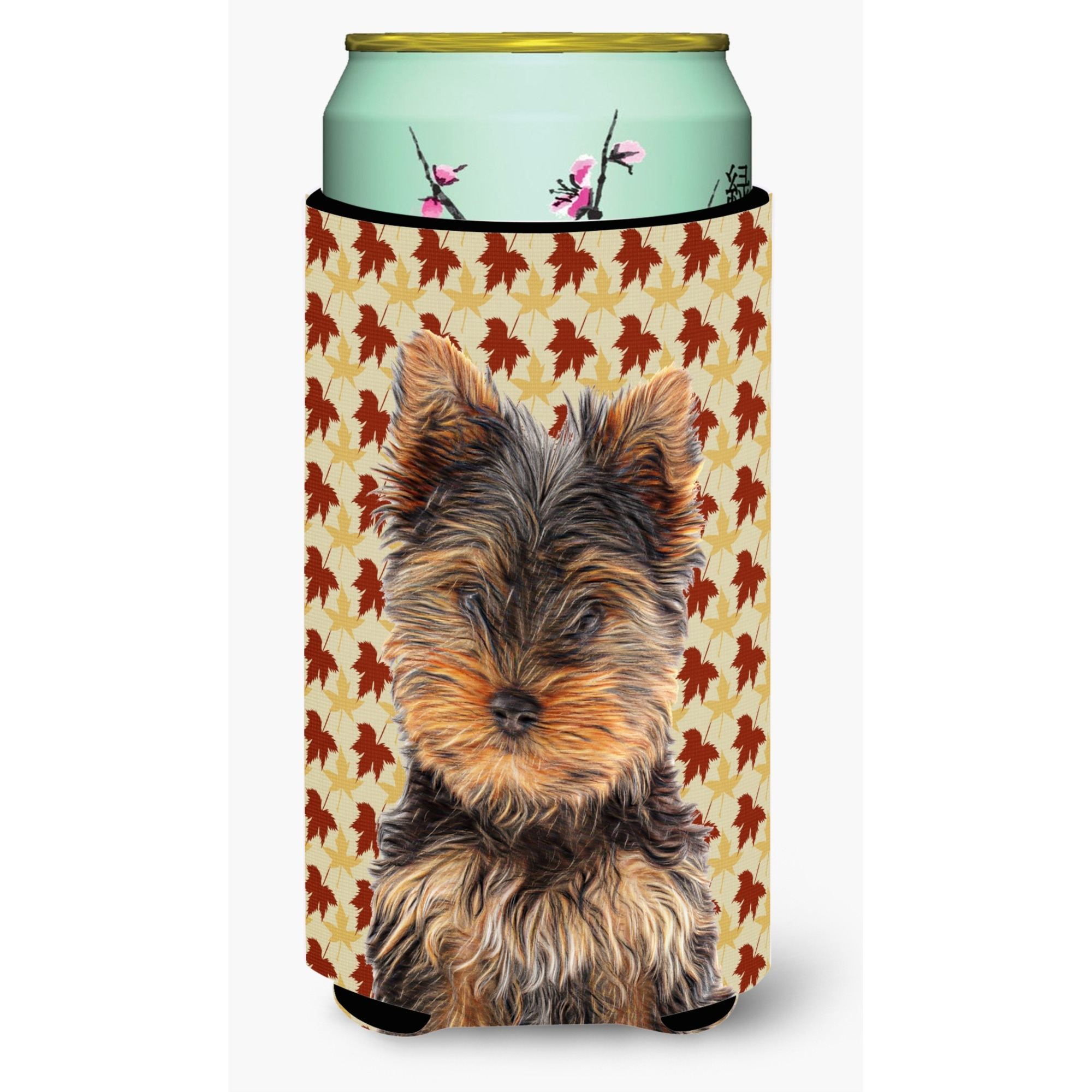 Fall Leaves Yorkie Puppy / Yorkshire Terrier Tall Boy Beverage Insulator Hugger KJ1209TBC