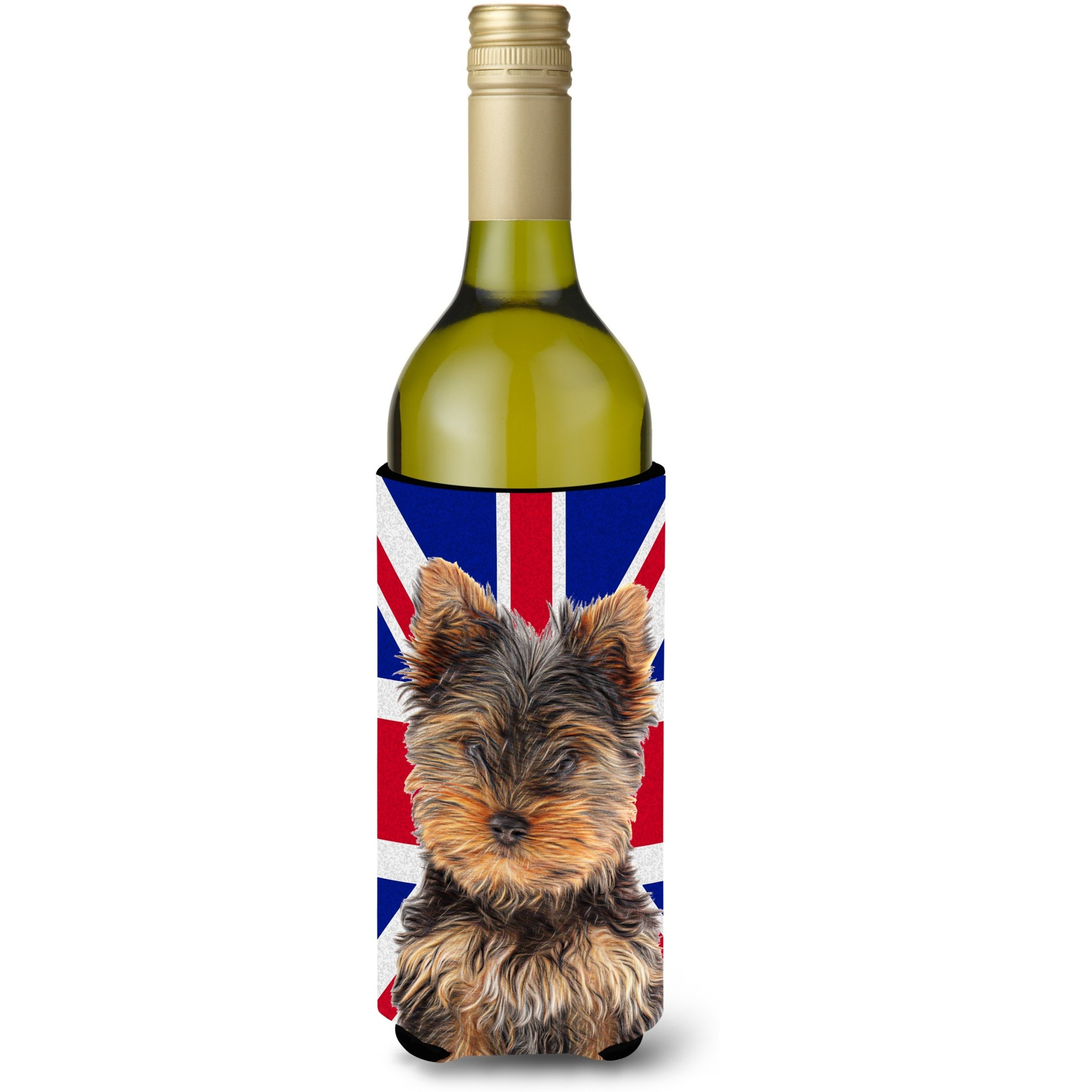Yorkie Puppy / Yorkshire Terrier with English Union Jack British Flag Wine Bottle Beverage Insulator Hugger KJ1167LITERK
