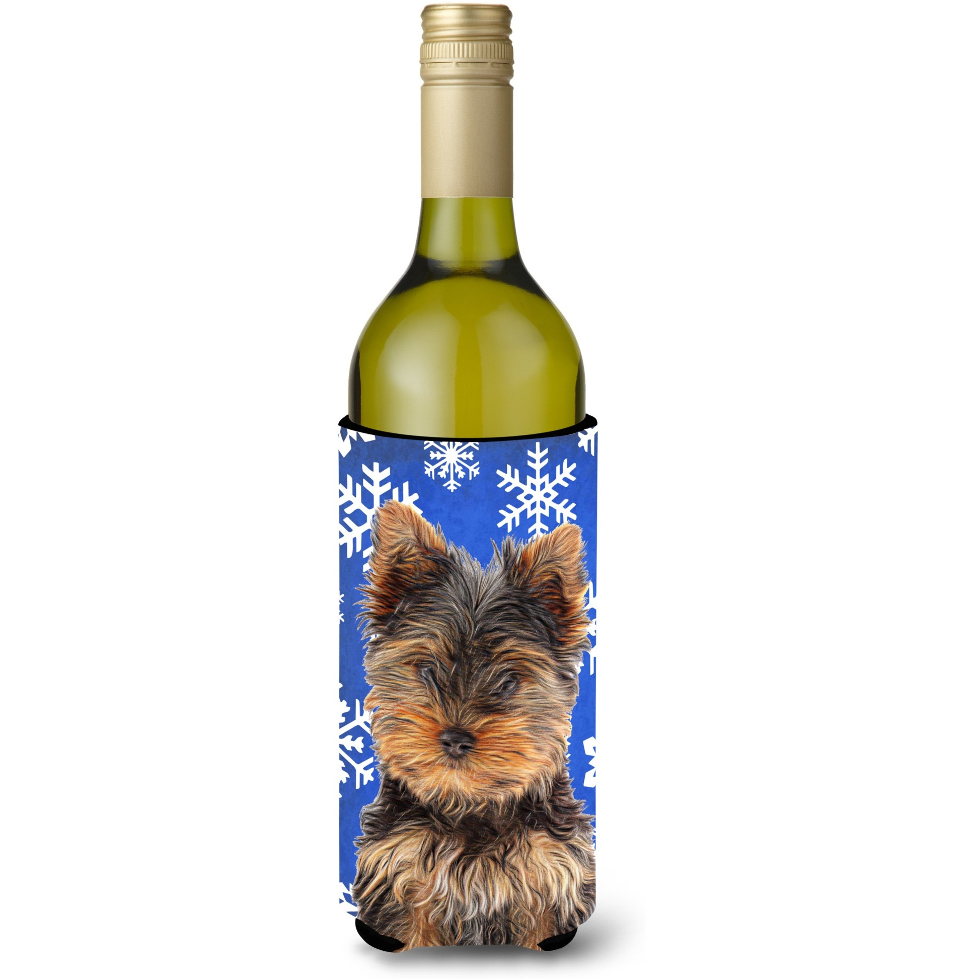 Winter Snowflakes Holiday Yorkie Puppy / Yorkshire Terrier Wine Bottle Beverage Insulator Hugger KJ1181LITERK
