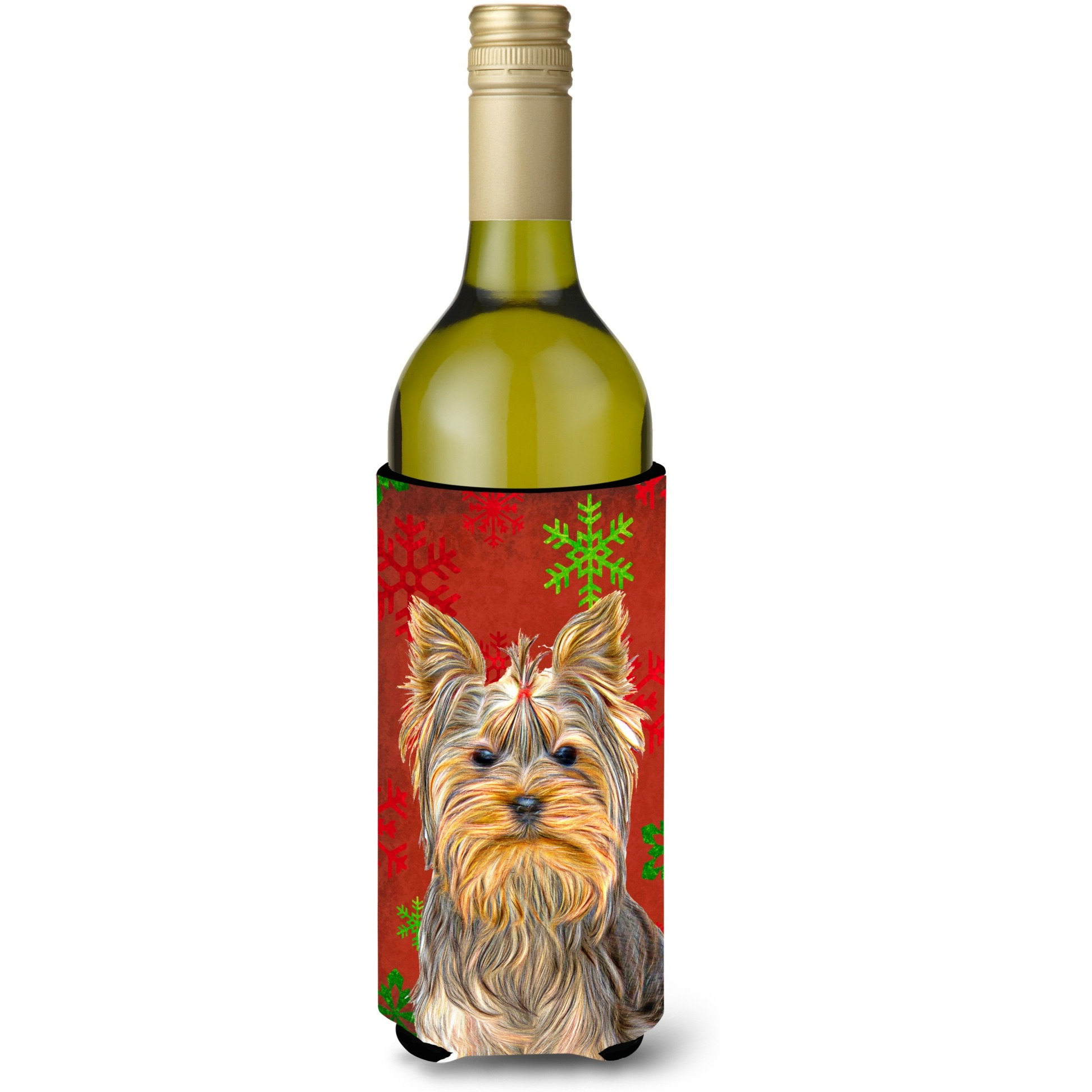 Red Snowflakes Holiday Christmas  Yorkie / Yorkshire Terrier Wine Bottle Beverage Insulator Hugger KJ1184LITERK