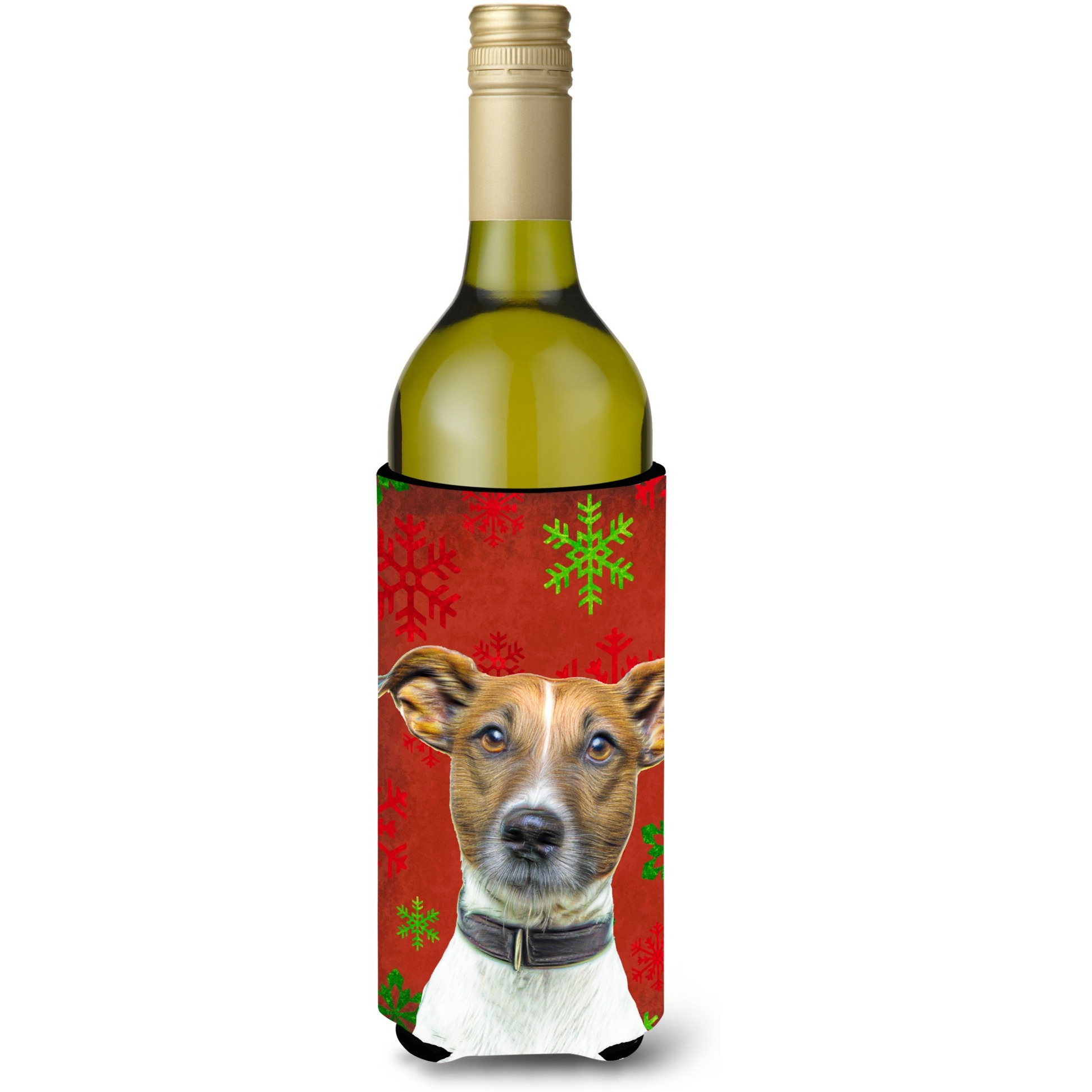 Red Snowflakes Holiday Christmas  Jack Russell Terrier Wine Bottle Beverage Insulator Hugger KJ1183LITERK