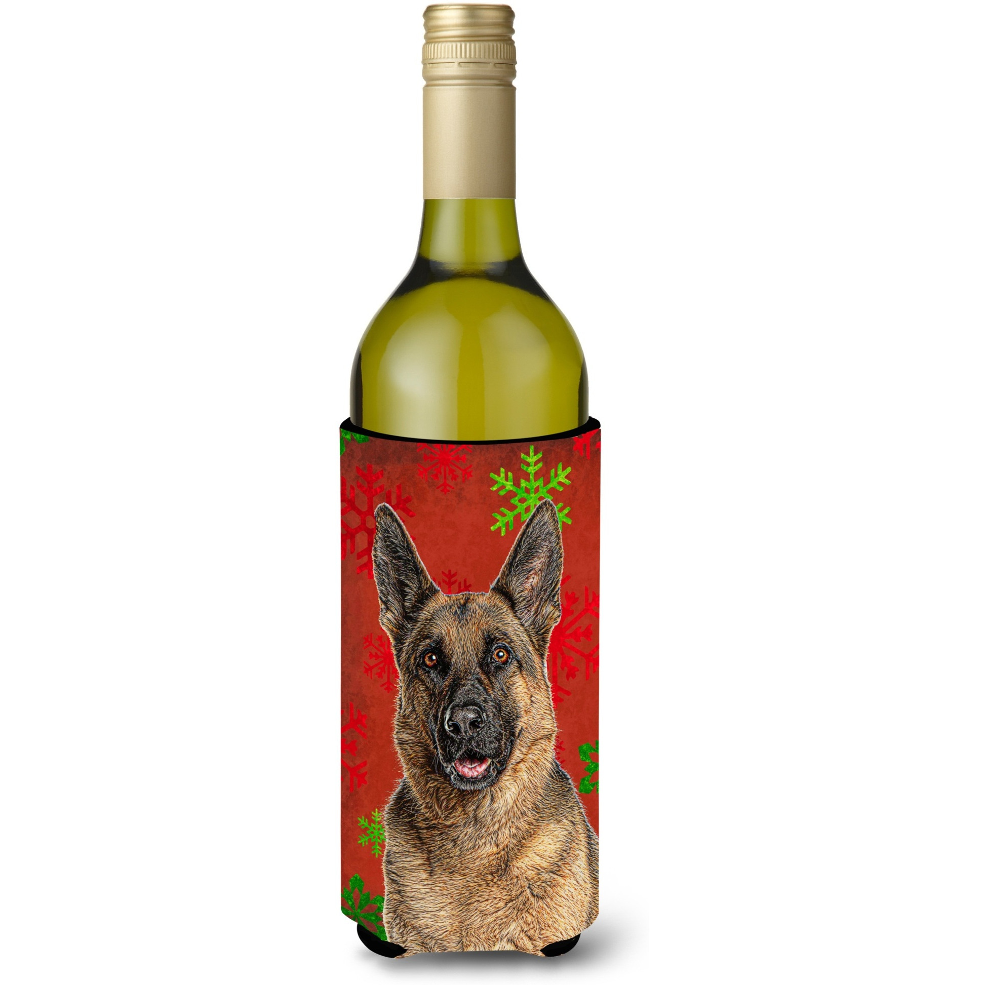 Red Snowflakes Holiday Christmas  German Shepherd Wine Bottle Beverage Insulator Hugger KJ1187LITERK