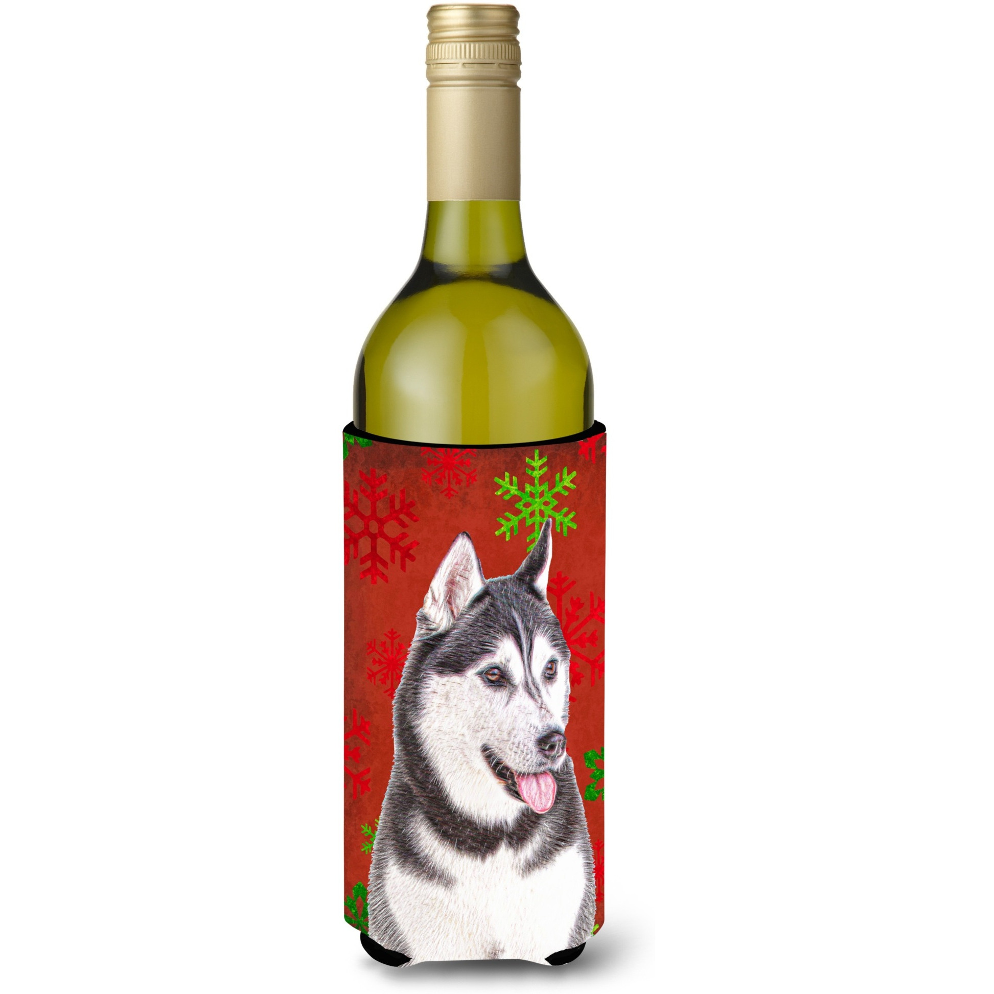 Red Snowflakes Holiday Christmas  Alaskan Malamute Wine Bottle Beverage Insulator Hugger KJ1182LITERK