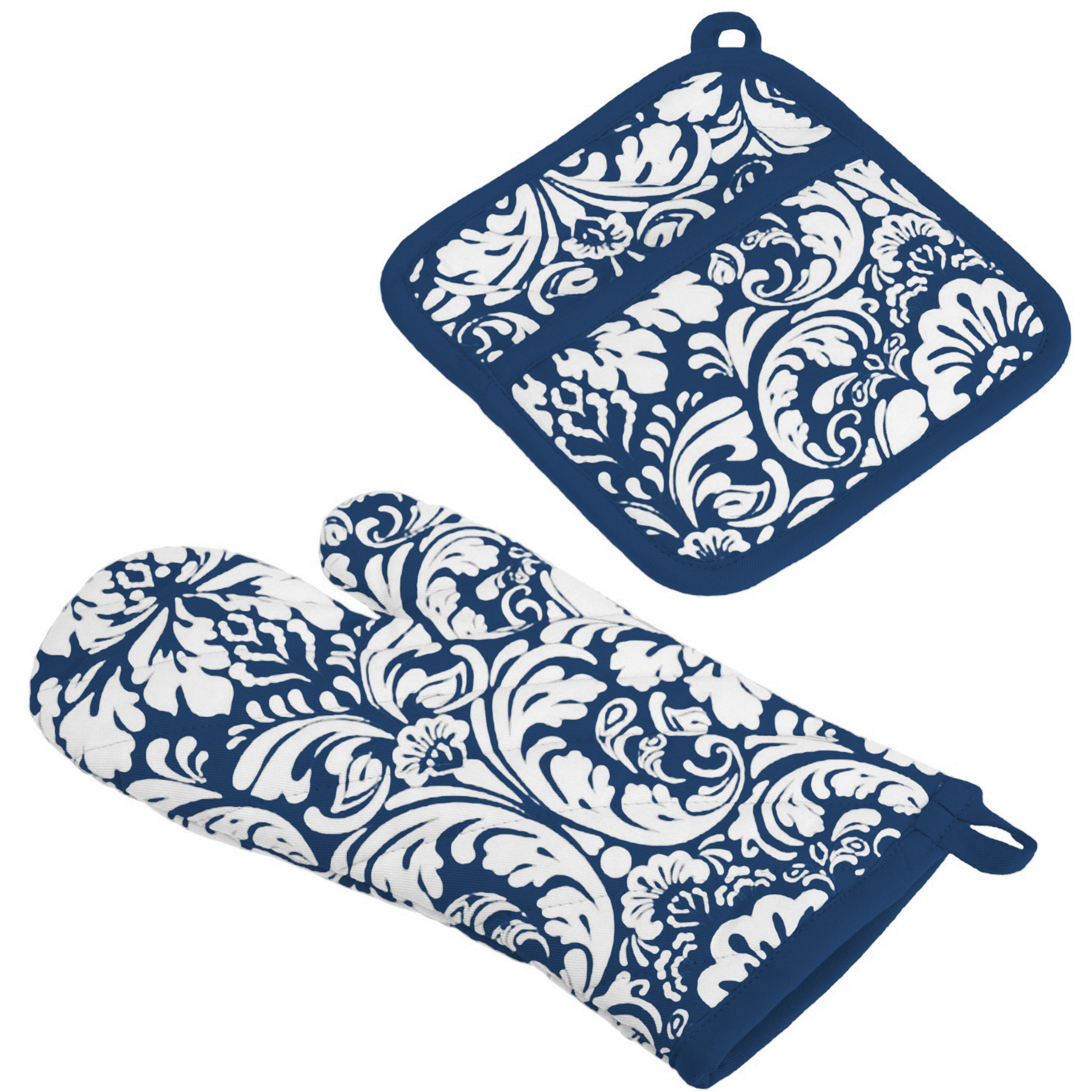 DII Nautical Blue Damask Oven Mitt & Potholder Set