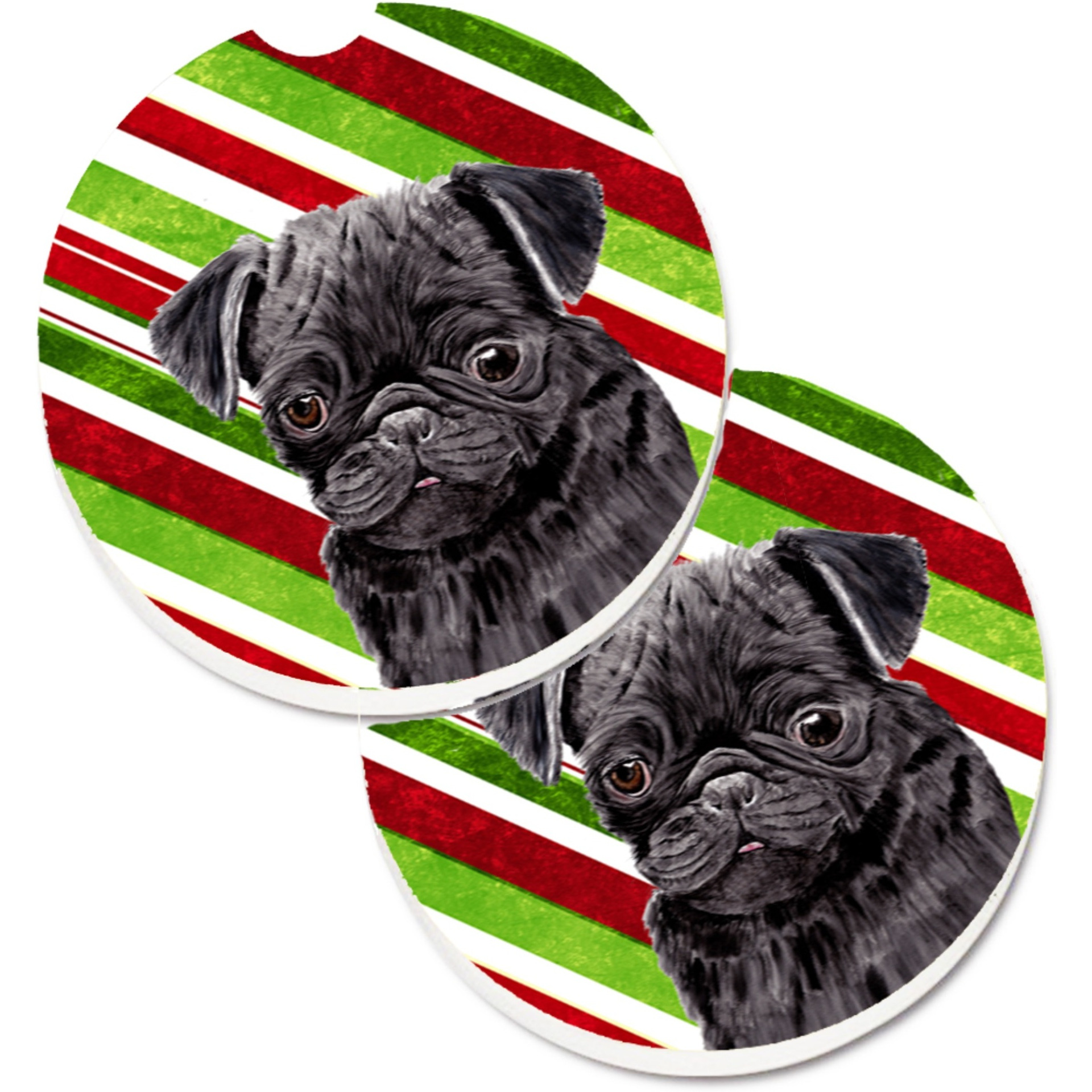 Carolines Treasures Pug Candy Cane Holiday Christmas Set of 2 Cup Holder Car Coasters SC9326CARC, 2.56, Multicolor