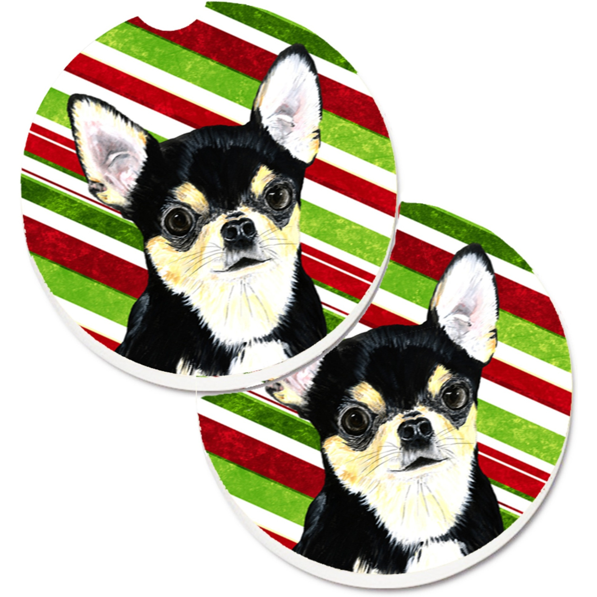 Carolines Treasures Chihuahua Candy Cane Holiday Christmas Set of 2 Cup Holder Car Coasters SC9359CARC, 2.56, Multicolor