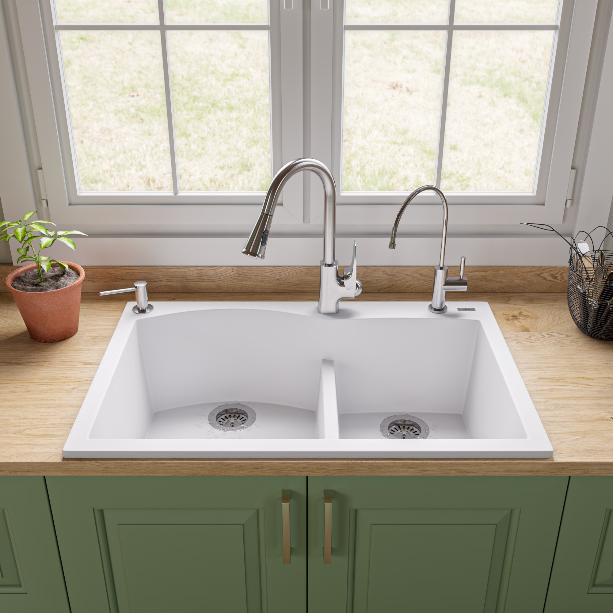 ALFI brand AB3320DI-W White 33" Double Bowl Drop In Granite Composite Kitchen Sink