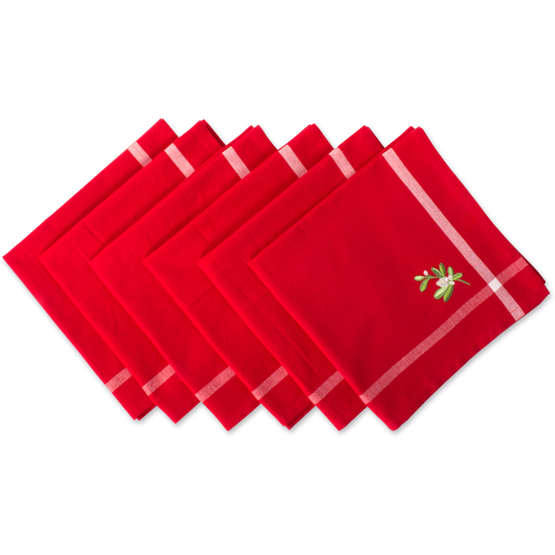 DII Red Embroidered Mistletoe Corner With Border  Napkin (Set of 6)