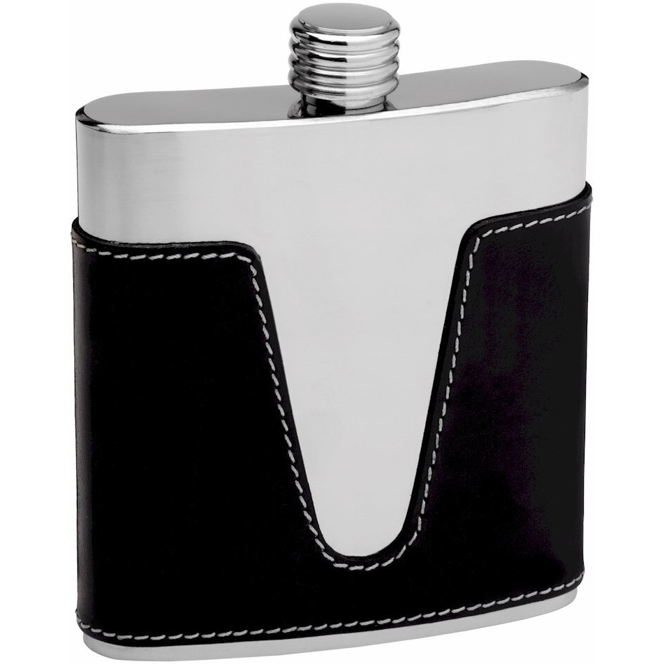 Leather Hip Flask Holding 6 oz - V Cutout Design - Pocket Size, Stainless Steel, Rustproof, Screw-On Cap - Black Finish Perfect for Engraving