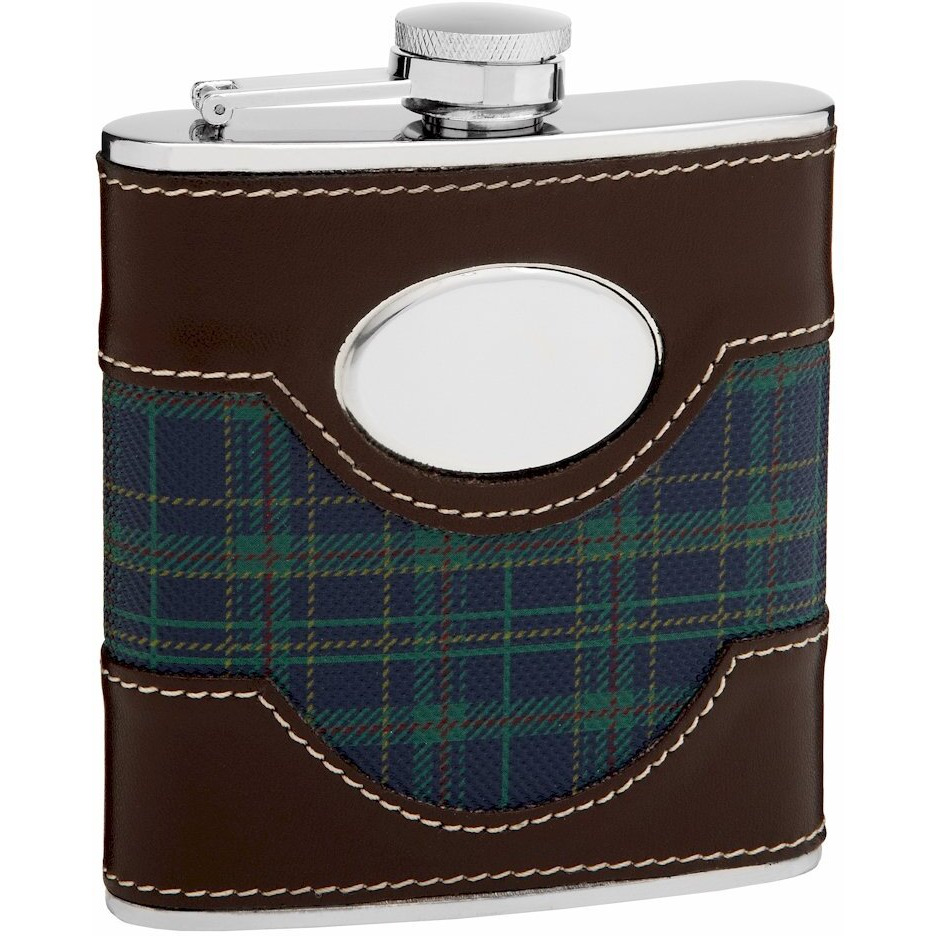 6oz Plaid Golf Hip Flask with Faux Leather Trim