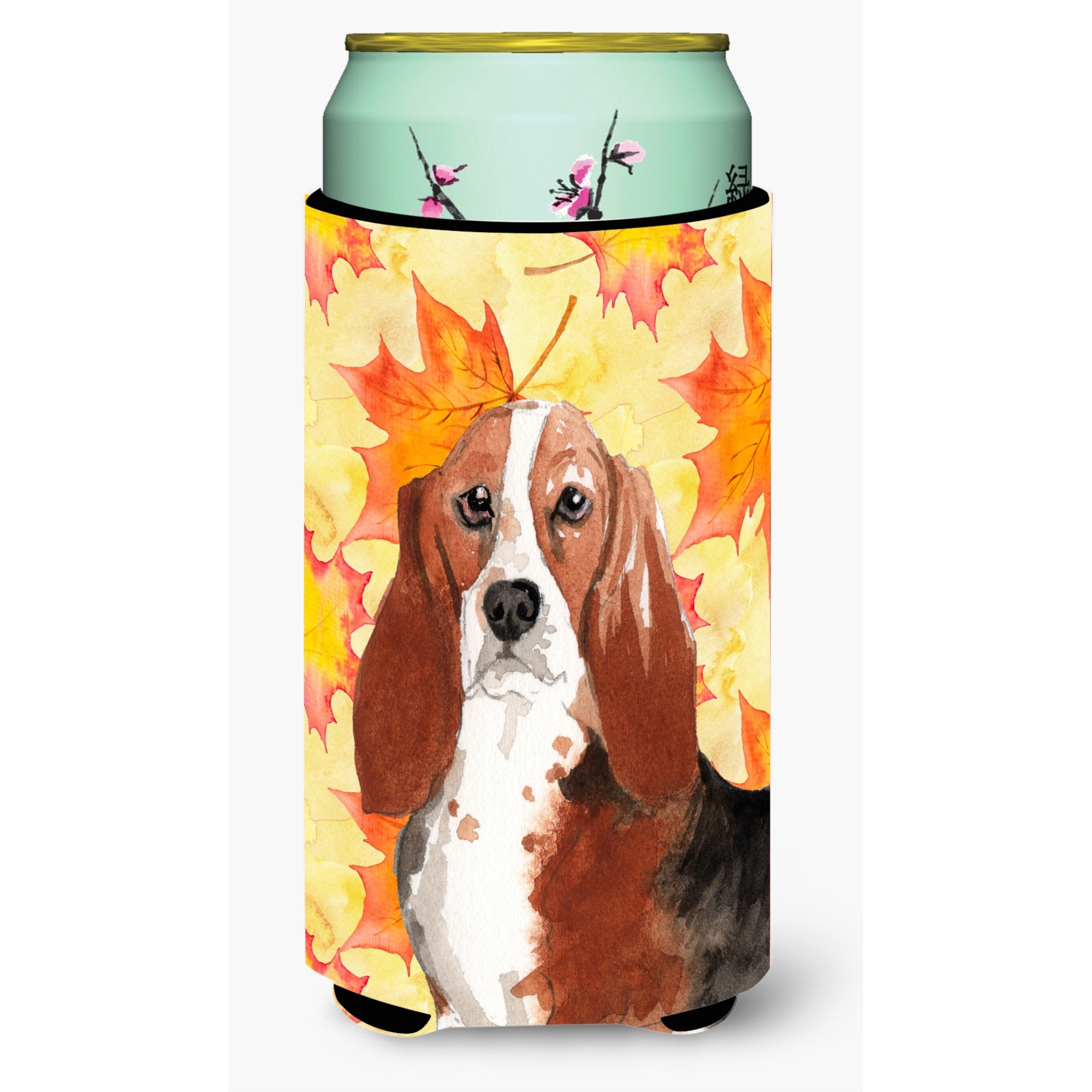 Carolines Treasures CK1853TBC Fall Leaves Basset Hound Tall Boy Hugger cold-beverage-koozies, Multicolor