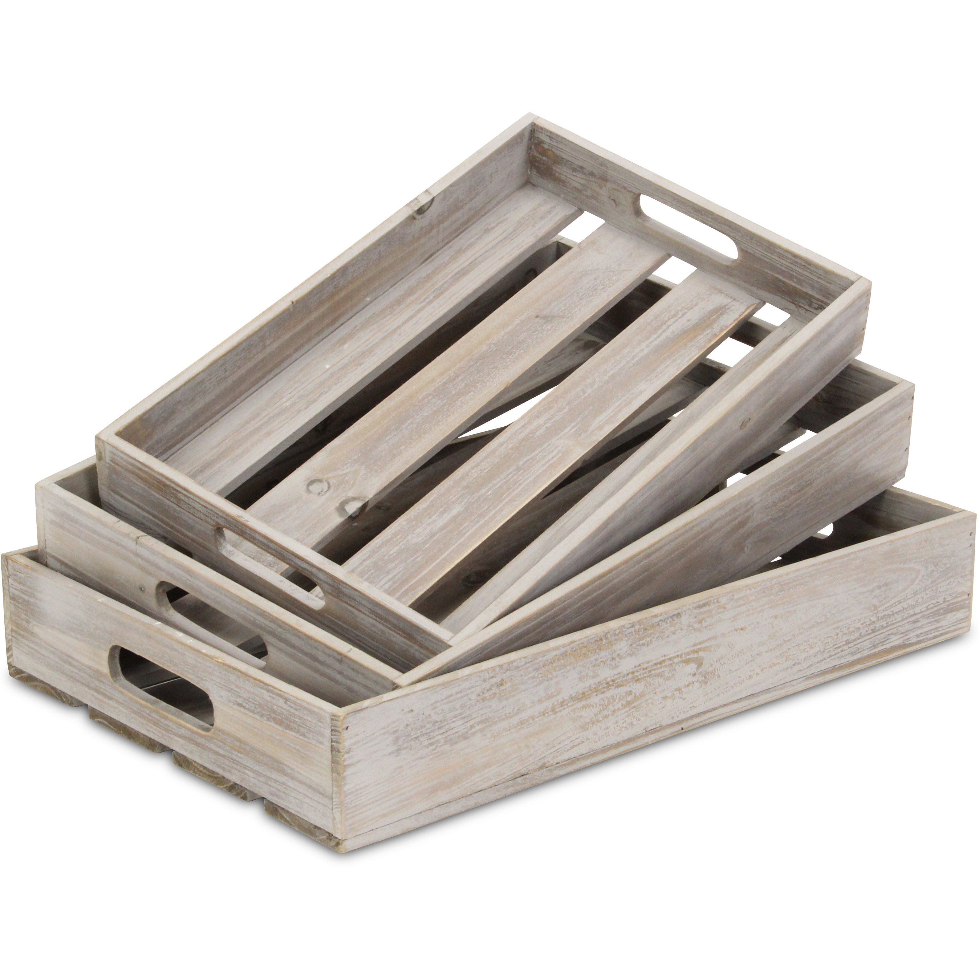 Nora Set of 3 Slatted Wood Trays - Gray Wash