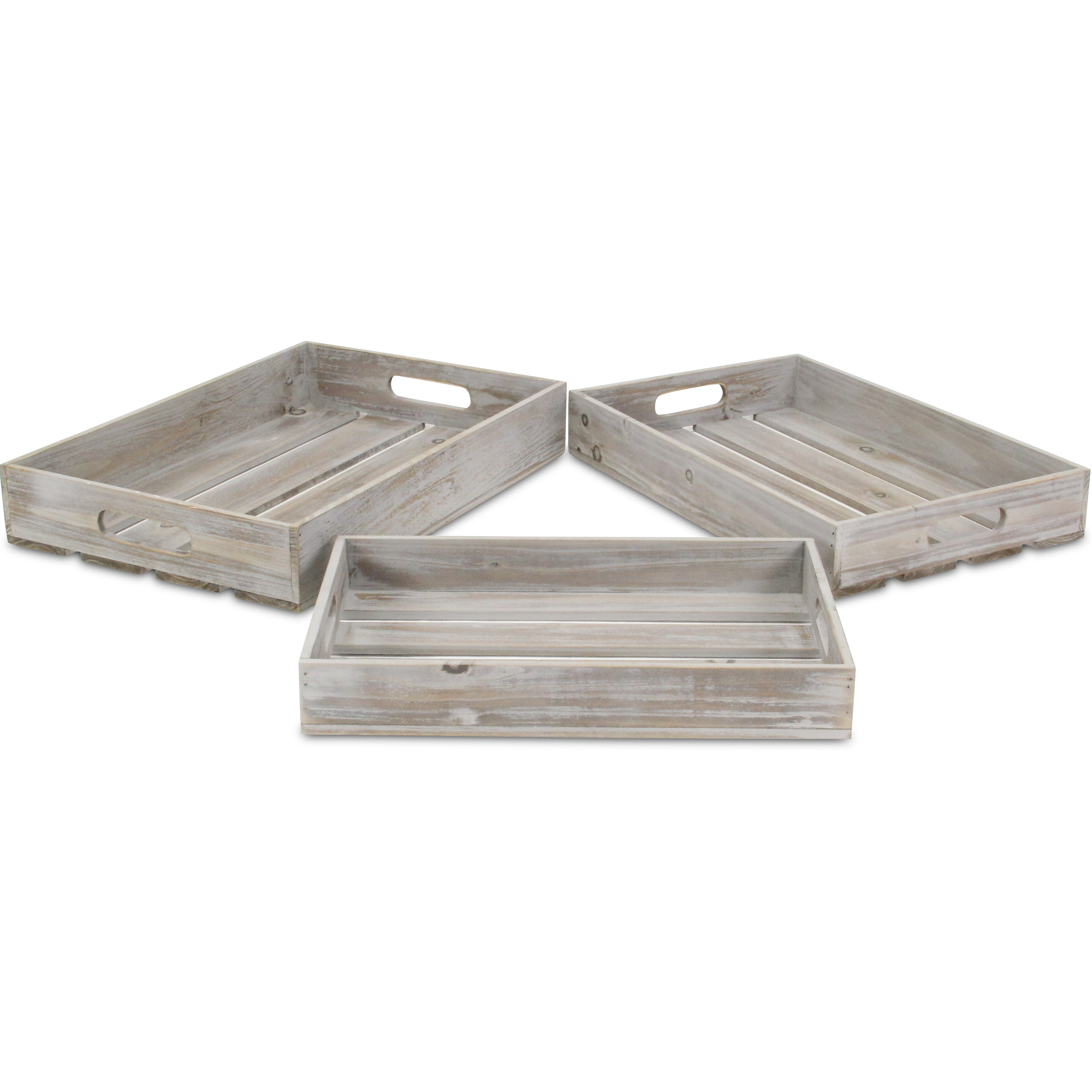Nora Set of 3 Slatted Wood Trays - Gray Wash