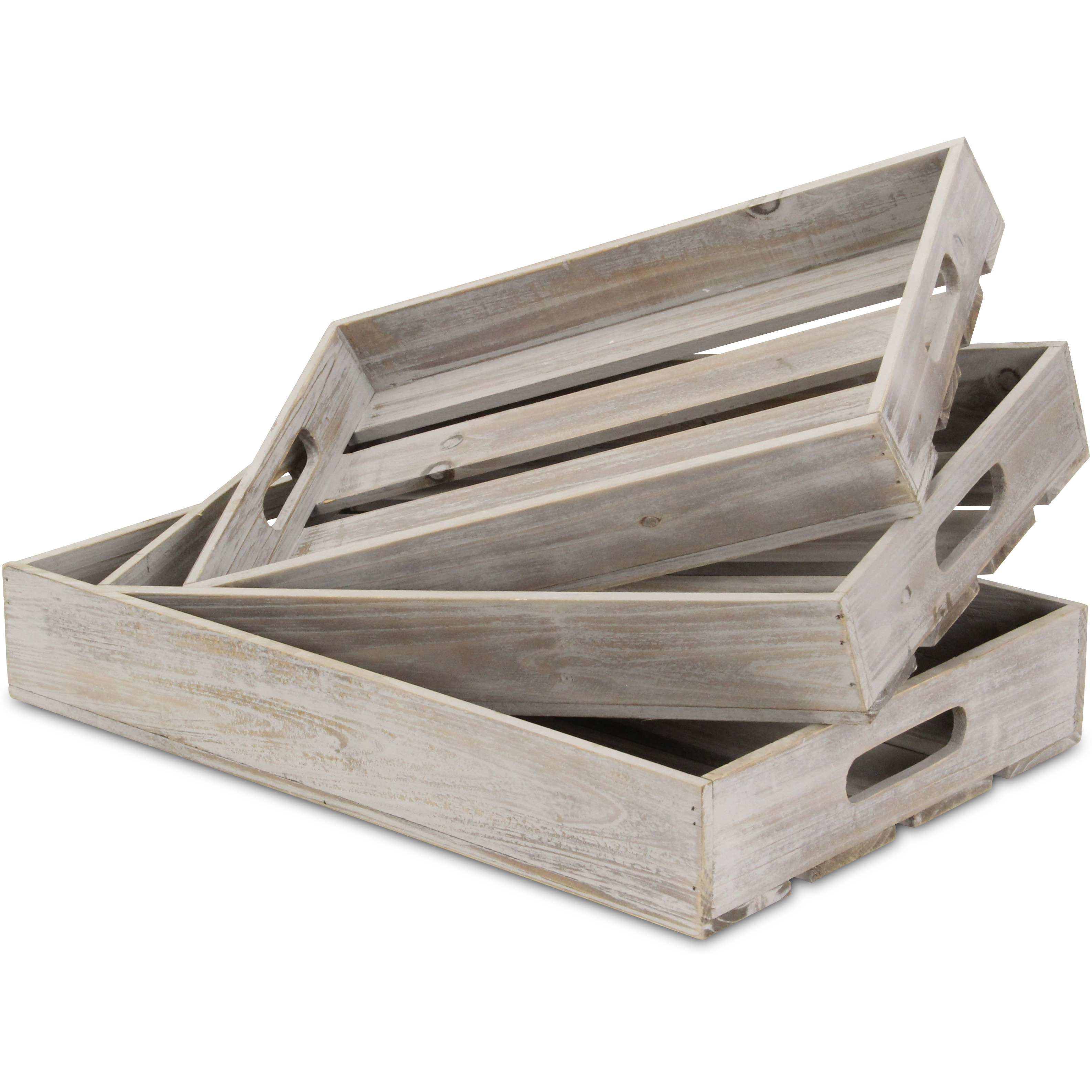 Nora Set of 3 Slatted Wood Trays - Gray Wash