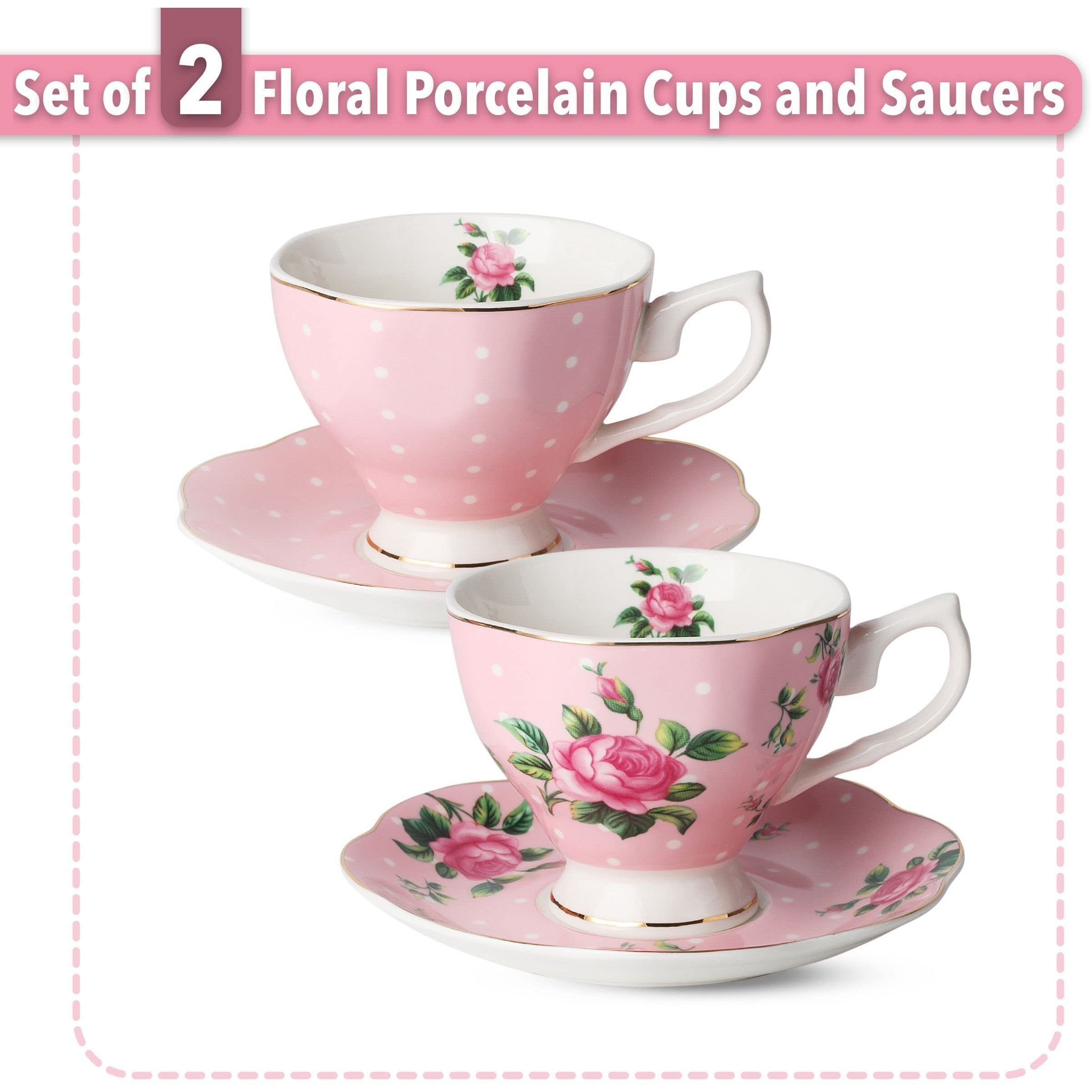 BTaT- Floral Tea Cups and Saucers, Set of 2, 8oz, with Gold Trim and Gift Box, Coffee Cups, Floral Tea Cup Set, British Tea Cups, Porcelain Tea Set, Tea Sets for Women