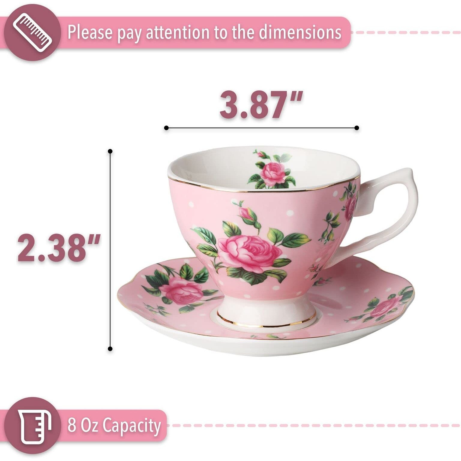 BTaT- Floral Tea Cups and Saucers, Set of 2, 8oz, with Gold Trim and Gift Box, Coffee Cups, Floral Tea Cup Set, British Tea Cups, Porcelain Tea Set, Tea Sets for Women