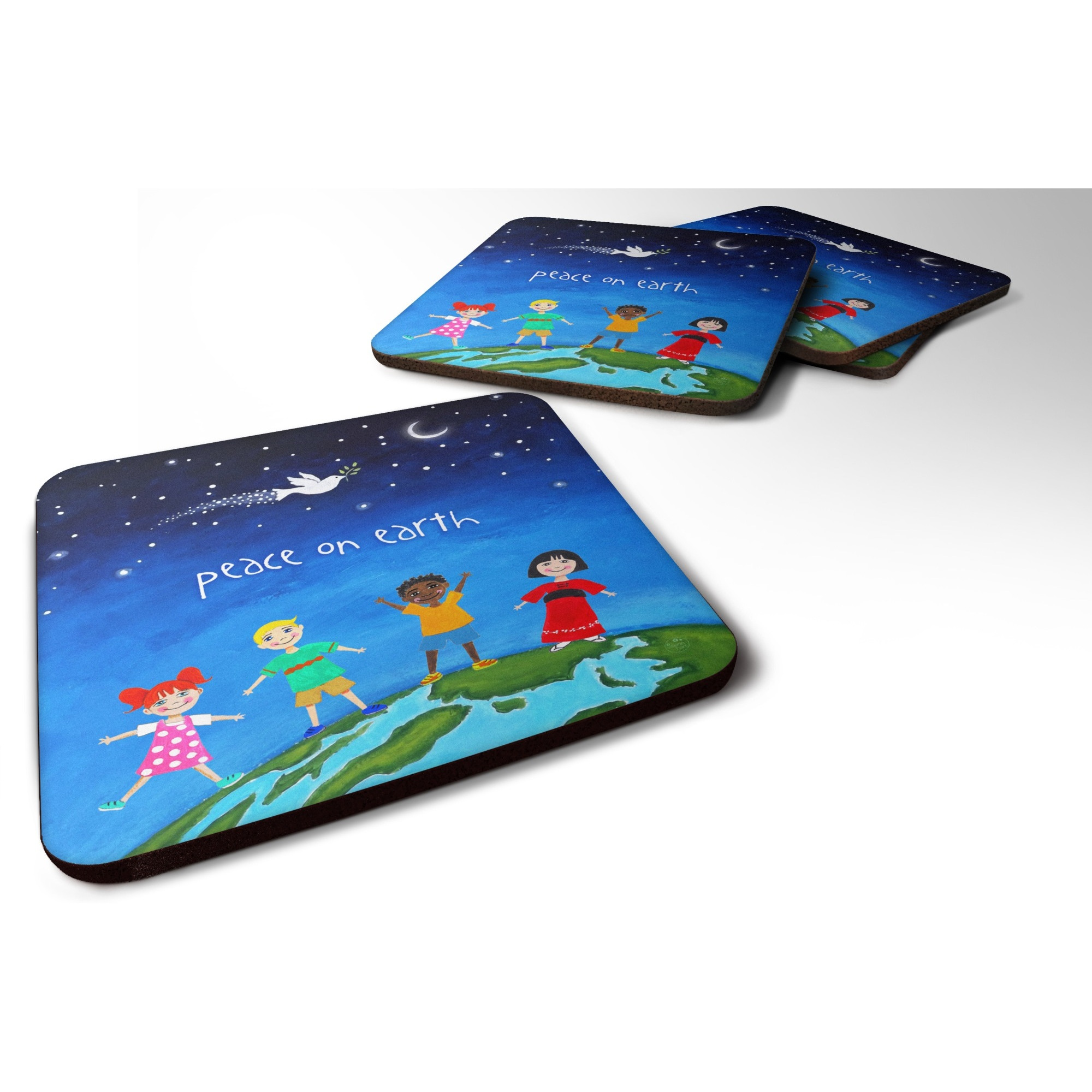 &quotCaroline's Treasures Peace on Earth Foam Coaster Set of 4, 3.5x3.5, Multicolor"
