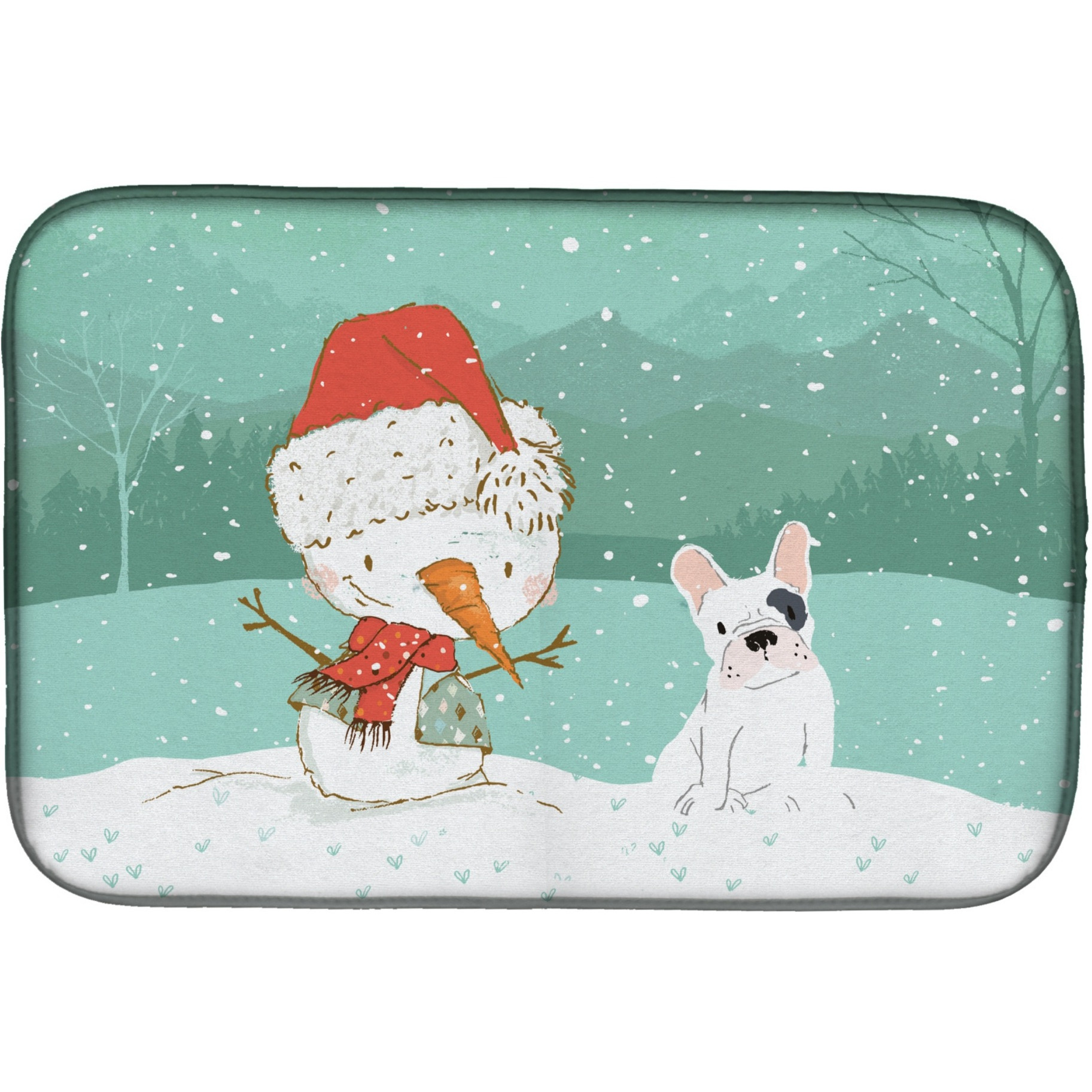 &quotCaroline's Treasures Piebald French Bulldog Snowman Christmas Dish Drying Mat, 14 x 21"