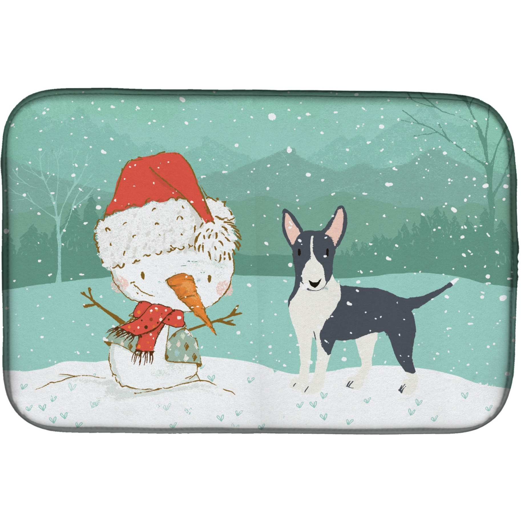 &quotCaroline's Treasures Black Bull Terrier Snowman Christmas Dish Drying Mat, 14 x 21"