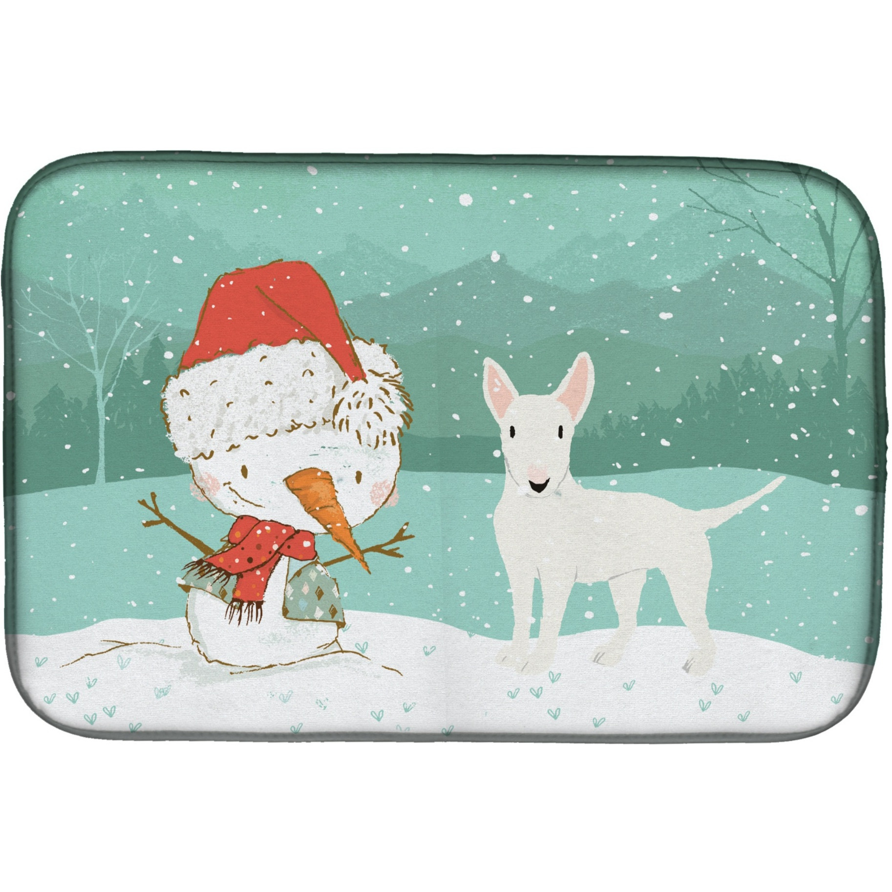 &quotCaroline's Treasures White Bull Terrier Snowman Christmas Dish Drying Mat, 14 x 21"
