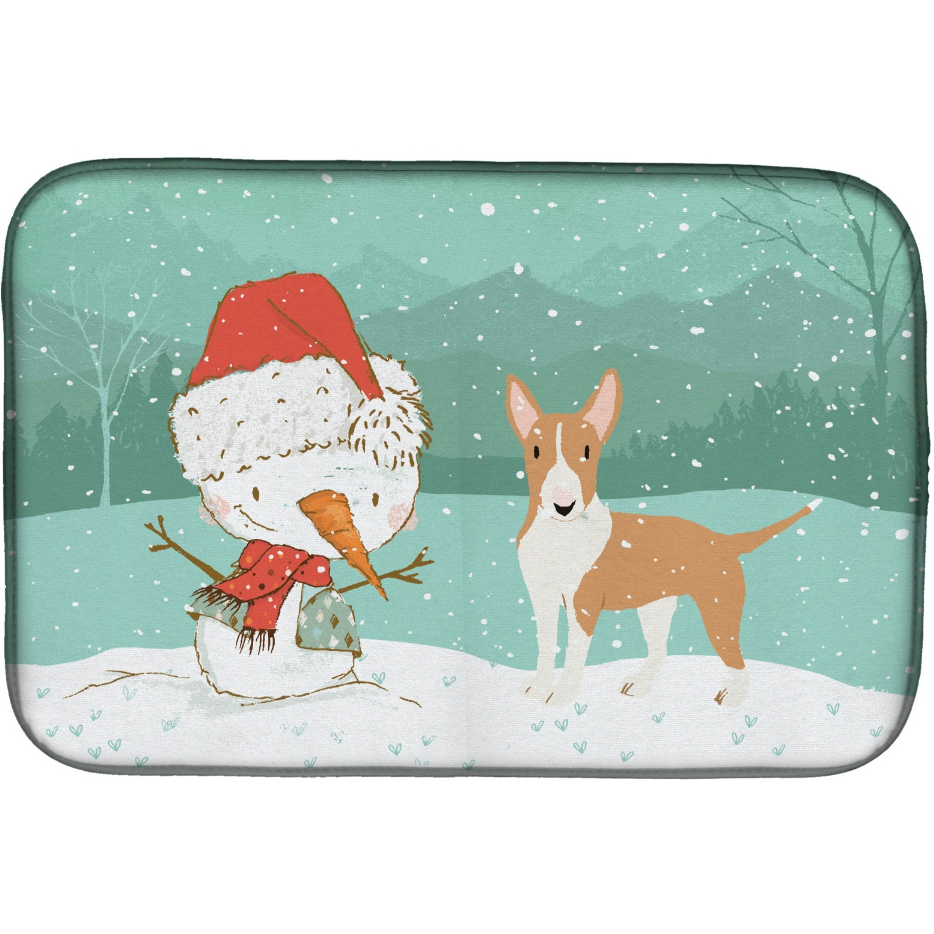 &quotCaroline's Treasures Fawn Bull Terrier Snowman Christmas Dish Drying Mat, 14 x 21"