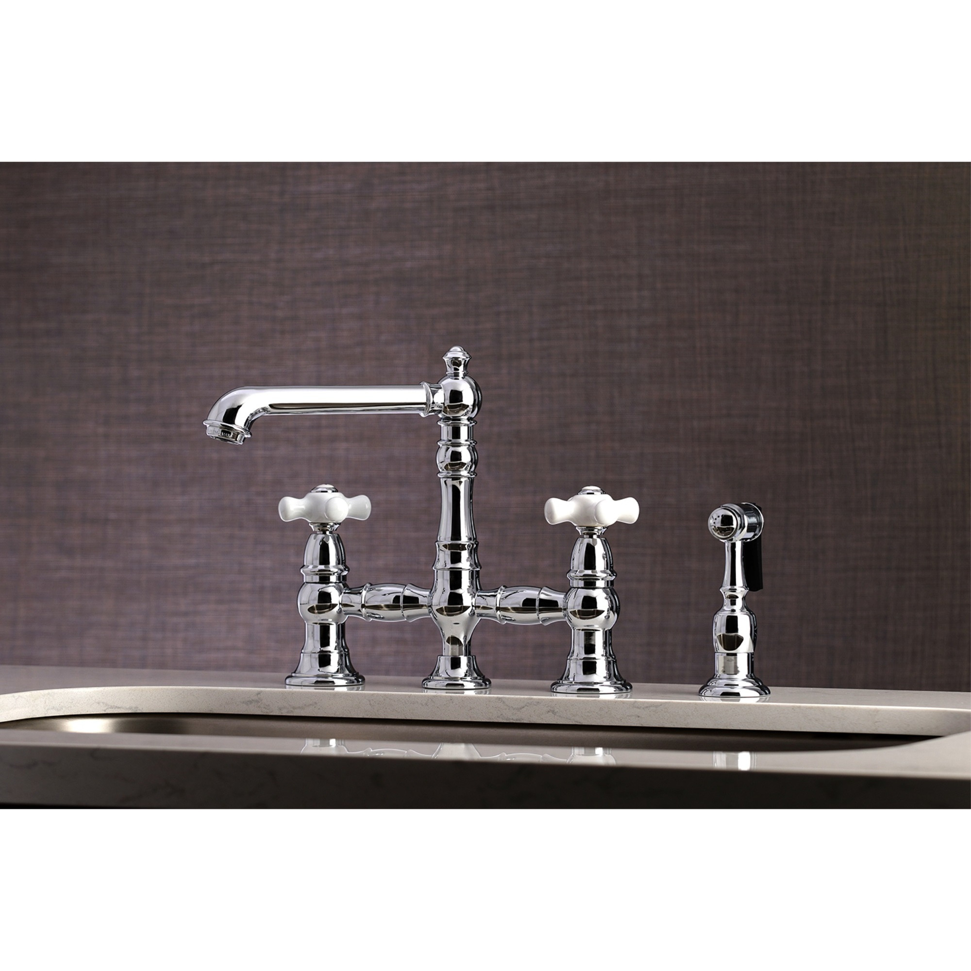 Kingston Brass KS7271PXBS English Country 8" Bridge Kitchen Faucet with Sprayer, Polished Chrome