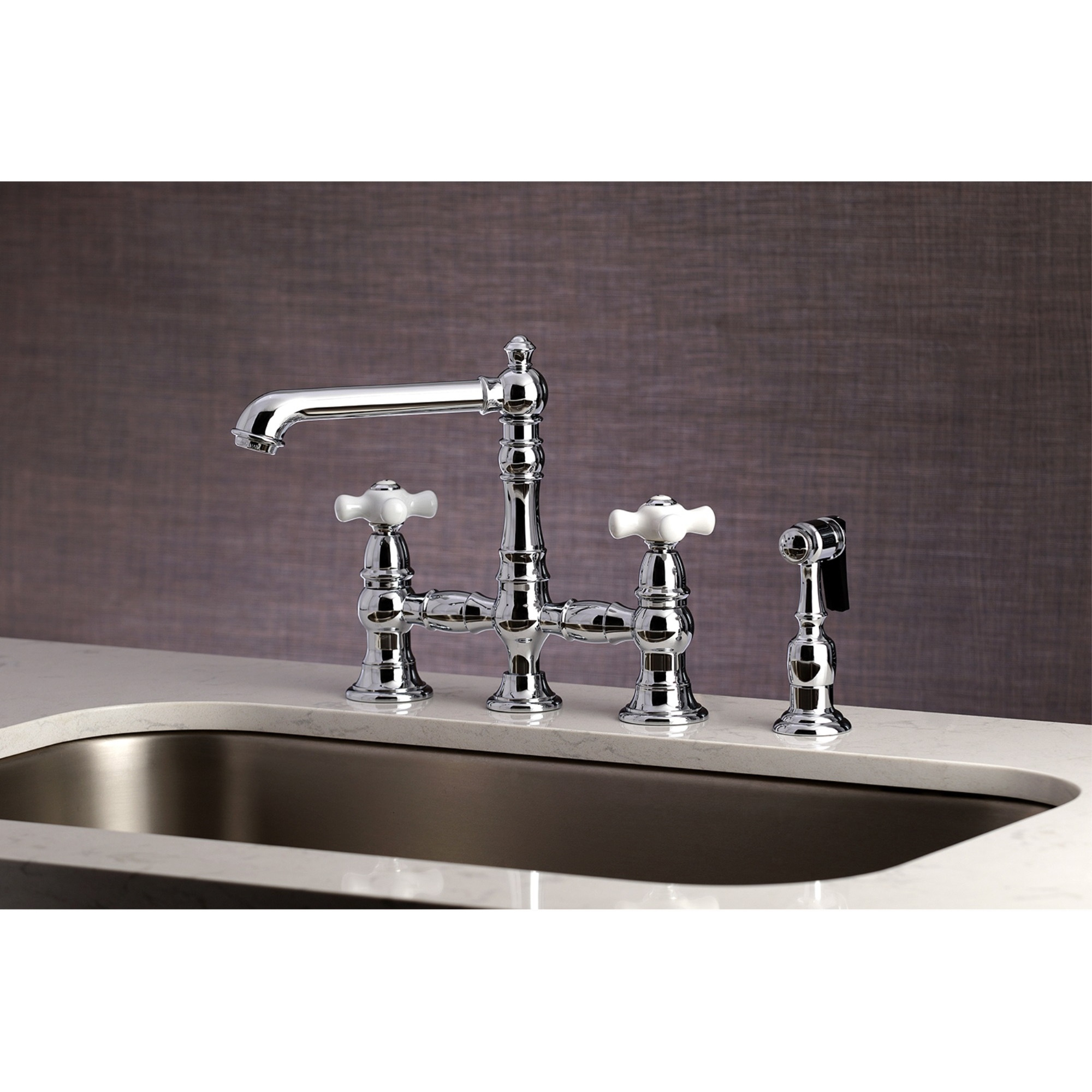 Kingston Brass KS7271PXBS English Country 8" Bridge Kitchen Faucet with Sprayer, Polished Chrome