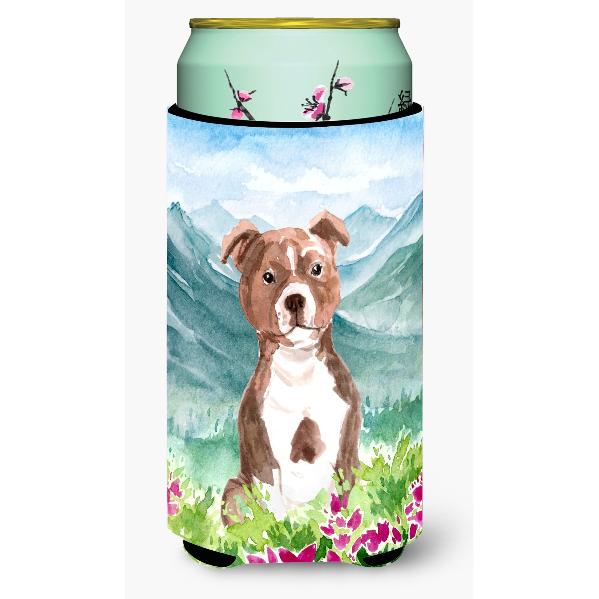 &quotCaroline's Treasures CK1968TBC Flowers Red Staffordshire Bull Terrier Tall Boy Hugger cold-beverage-koozies, Multicolor"