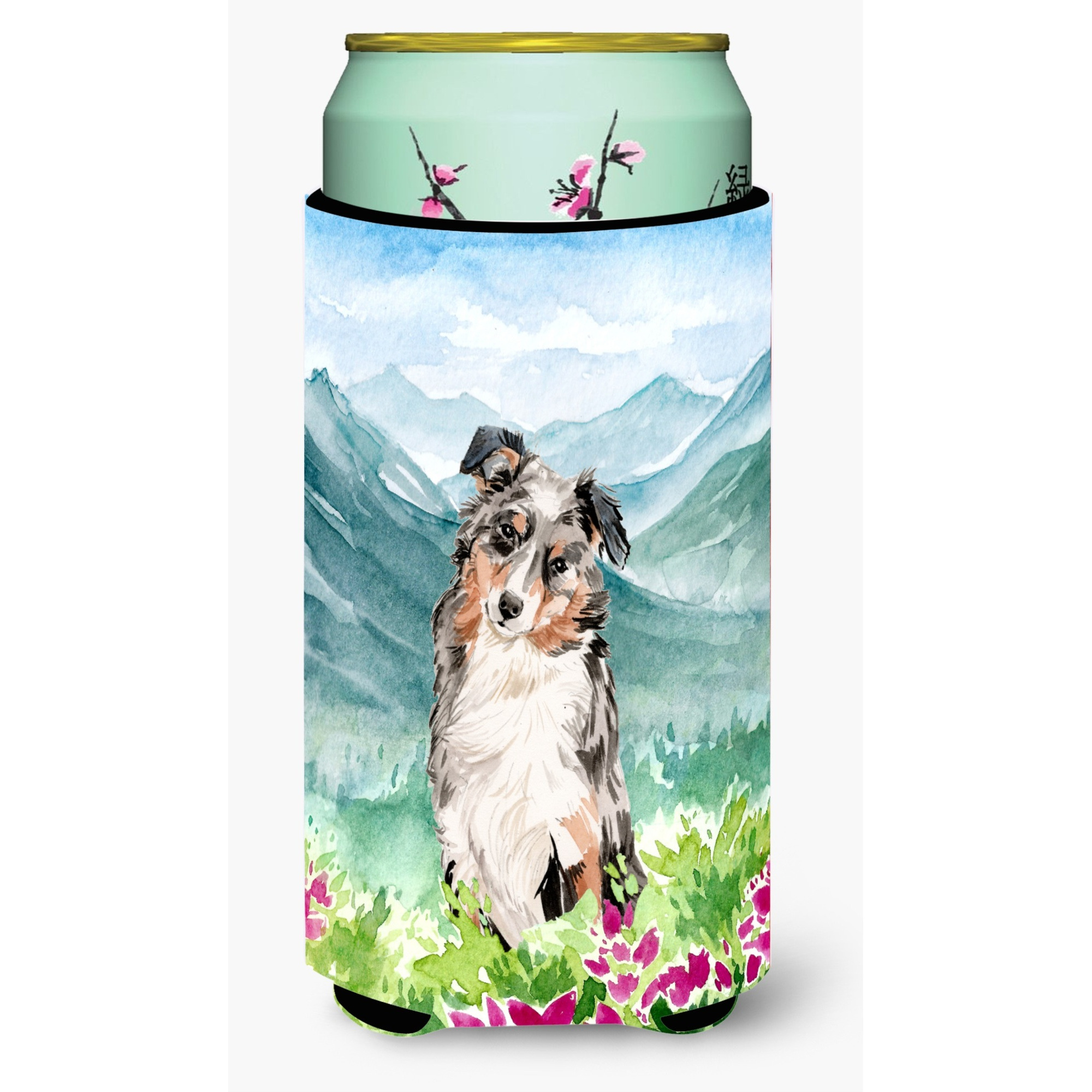 &quotCaroline's Treasures CK1995TBC Mountian Flowers Australian Shepherd Tall Boy Hugger cold-beverage-koozies, Multicolor"