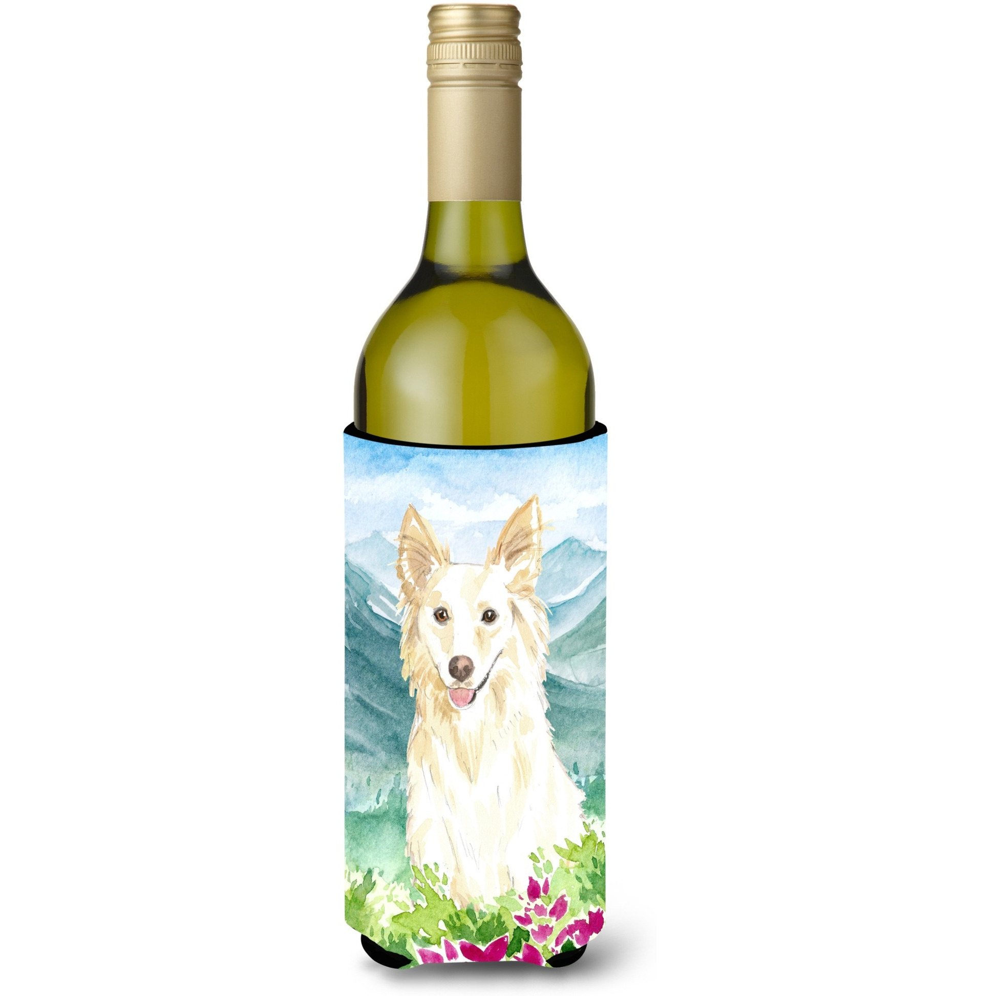 &quotCaroline's Treasures CK2514LITERK Mountian Flowers White Collie Wine Bottle Hugger cold-beverage-koozies, 750 ml, Multicolor"