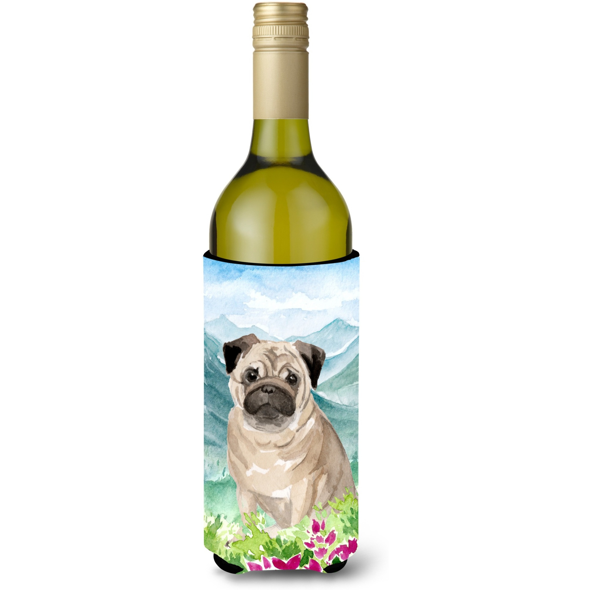 &quotCaroline's Treasures CK1969LITERK Mountian Flowers Fawn Pug Wine Bottle Hugger cold-beverage-koozies, 750 ml, Multicolor"