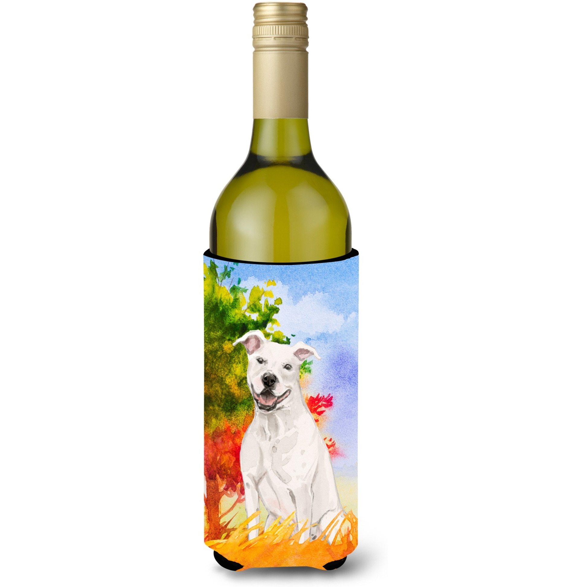 &quotCaroline's Treasures CK1961LITERK Fall White Staffie Bull Terrier Wine Bottle Hugger cold-beverage-koozies, 750 ml, Multicolor"