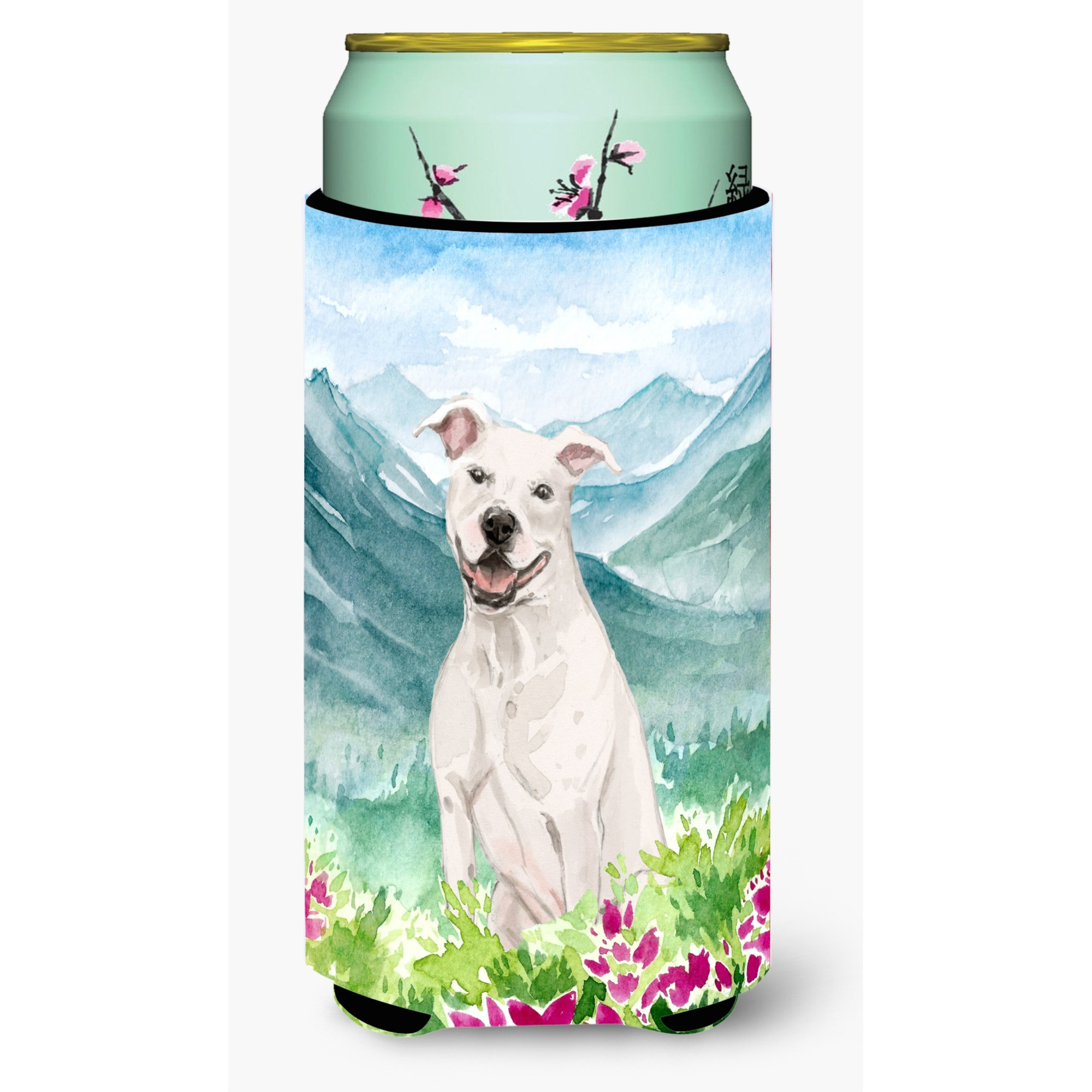 &quotCaroline's Treasures CK1996TBC Flowers White Staffie Bull Terrier Tall Boy Hugger cold-beverage-koozies, Multicolor"